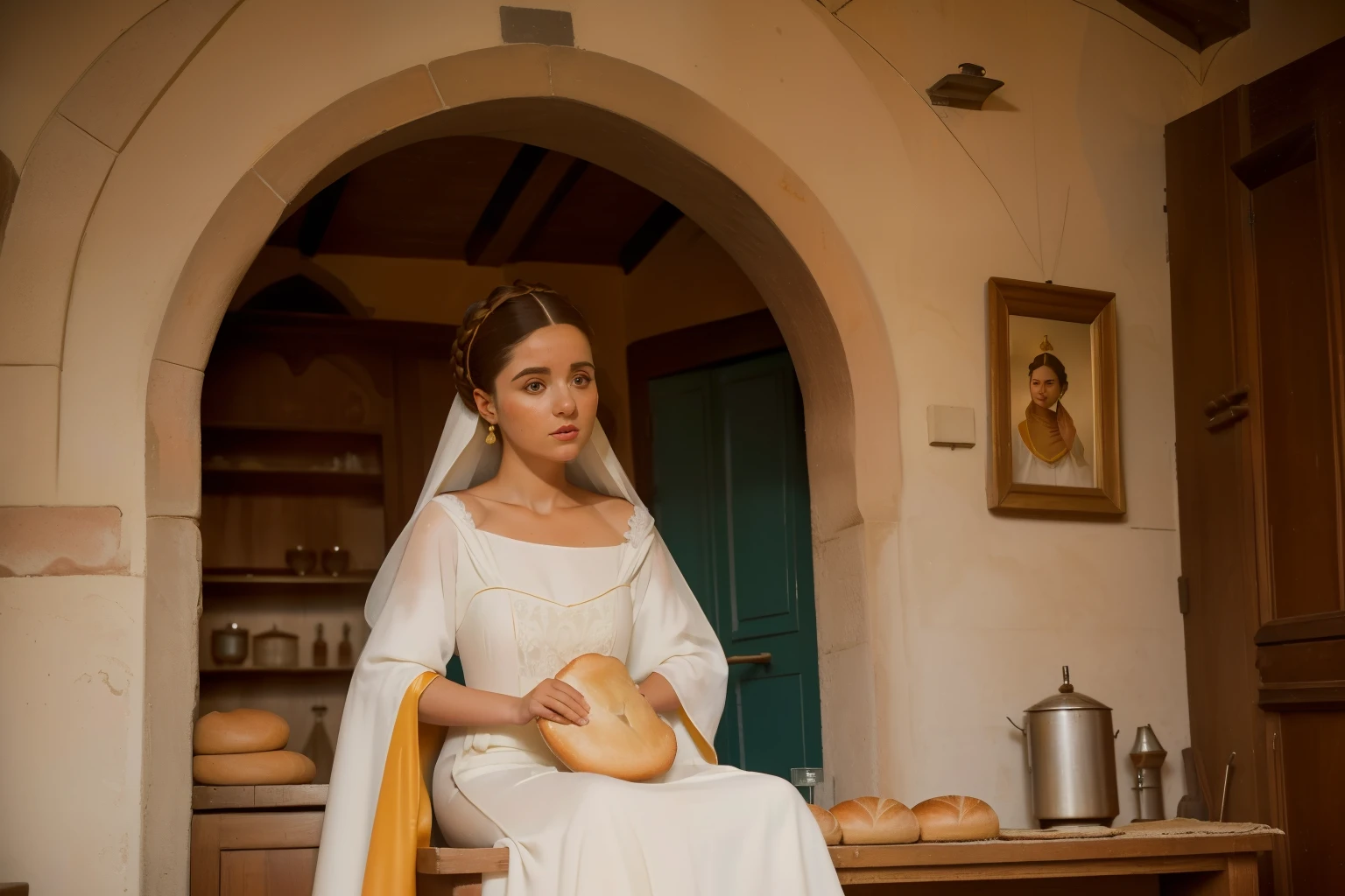 1152, Seville, Spain. Otherworldly scene in a medieval house, ((((32-year-old)) Irene Sanchez)), making bread, ((((gown from the 12th century)))), ((Hairstyle of the 12th century)), ((Wes Anderson cinematic style)), colorful