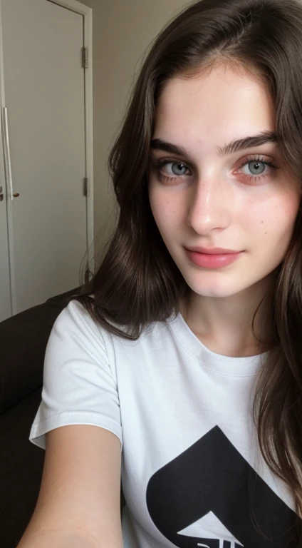 ((Front facing camera selfie)), 18 yo girl named Zahra Amiri, (straight nose), (prominent nose bridge), (female face golden ratios), long dense dark brown hair, (pale skin:1.25), (hazel eyes), thin eyebrows, high cheekbones, beautiful plump lips, big natural breasts, wearing tshirt, apartment background, smirk