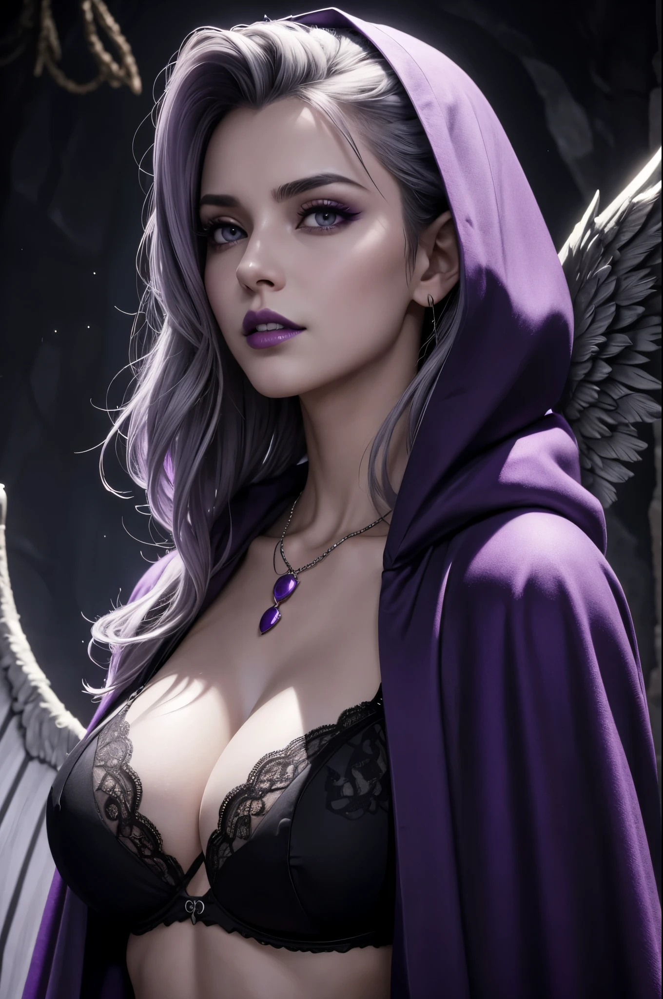 8k,A hyper-realistic,(masutepiece, Best Quality) Daniela Dimitresc, 1womanl, gray hair mohawk hair,Looking at Viewer, irate, cleavage, real looking skin,Jewelry, large full breasts, Underwear, Looking, Upper body, flower, Wings, teeth and fangs, hoods, Necklace, Cape, Bra, makeup, bug, lip stick,Inside the dark cave, Pedras preciosas, pale skin, veils,紫色の hoods up, Realistic, Black lips,超A high resolution,Purple Flame(purple effect),A sexy,combat scene,action scene,actionpose,irateの表情,Purple claws,gorgeous purple pareo,