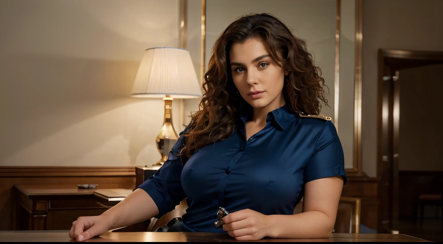 (highres,best quality,realistic),big body,beautiful police woman,beautiful police uniform,detailed face and eyes,curly hair,hand bent on table,hip facing the camera back position,luxurious lighting,crisp details,sharp focus,vivid colors,strong contrast In the arms of a handsome and beautiful man holding a camera