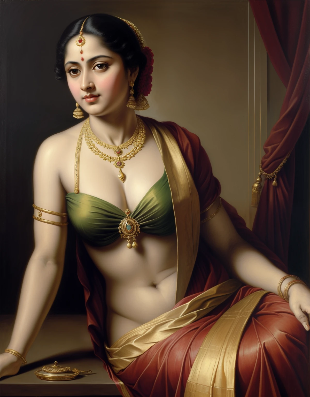 Beautiful Indian Woman, wearing saree, sari Beauty, gorgeous, Apsara, Maharani, royal queen woman, nymph from Hindu Mythology, pierced eyes, Urvashi, matchless beauty, Highly detailed, Oil Painting by Peter Paul Rubens inspired by Raja Ravi Varma, Matchless beauty, captivating, gorgeous, heavenly beauty, celestial beauty, by Peter Paul Rubens, 1893, realistic, hyper realistic, micro details, incredible artwork, insane details, ultra High resolution, 8k, 32k, acrylic on canvas, intricate, flawless, detailed, detailed face, detailed eyes, masterpiece, by Peter Paul Rubens, by Caravaggio, by William Adolphe bouguereau, perfect face, perfect body, beautiful art, realism, baroque, renaissance Art, highly textured, beautiful and detailed eyes, uhd, best quality,