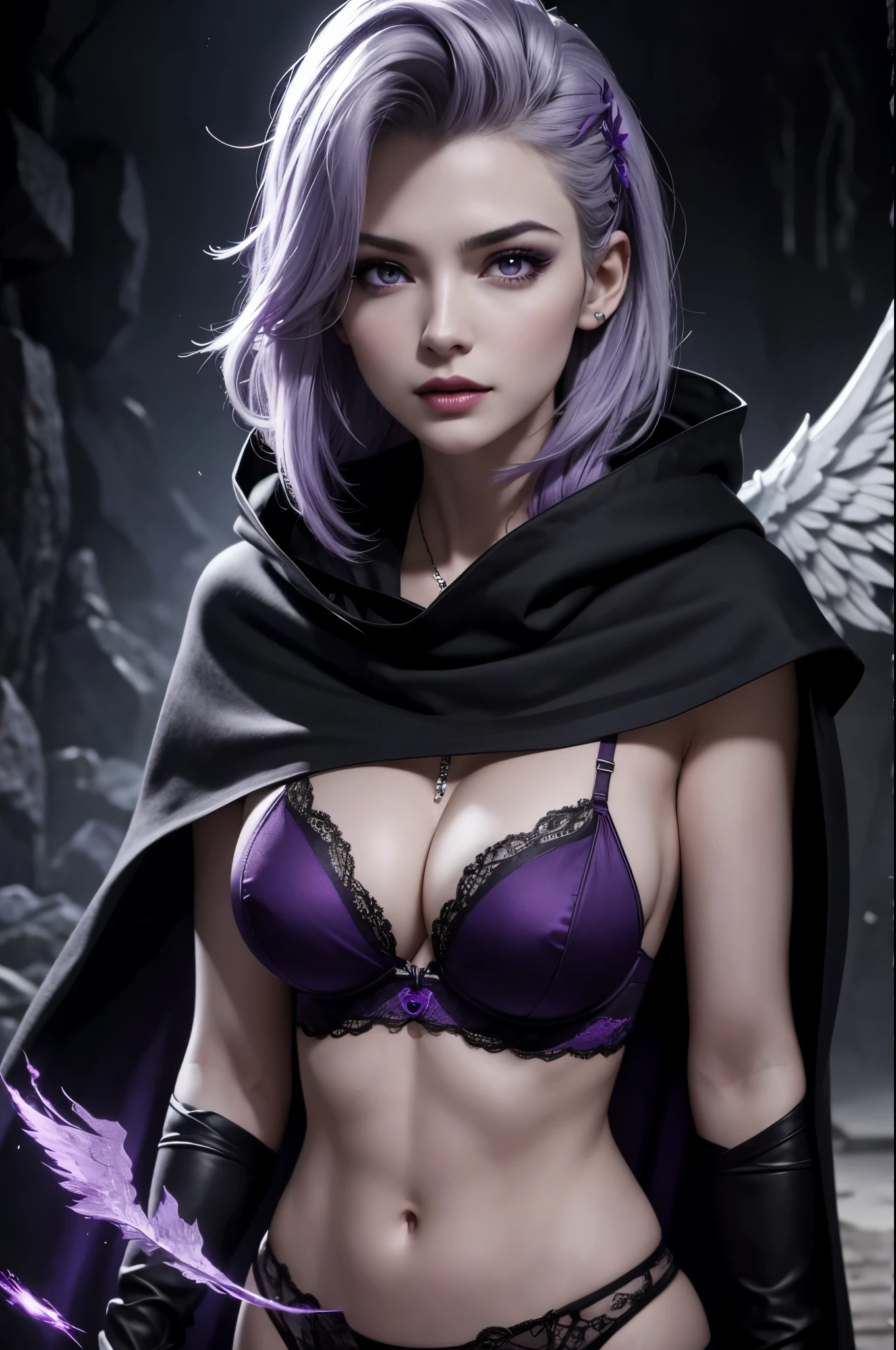 8k,A hyper-realistic,(masutepiece, Best Quality) Daniela Dimitresc, 1womanl, gray hair mohawk hair,Looking at Viewer, irate, cleavage, real looking skin,Jewelry, large full breasts, Underwear, Looking, Upper body, flower, Wings, teeth and fangs, hoods, Necklace, Cape, Bra, makeup, bug, lip stick,Inside the dark cave, Pedras preciosas, pale skin, veils,紫色の hoods up, Realistic, Black lips,超A high resolution,Purple Flame(purple effect),A sexy,combat scene,action scene,actionpose,irateの表情,Purple claws,gorgeous purple pareo,