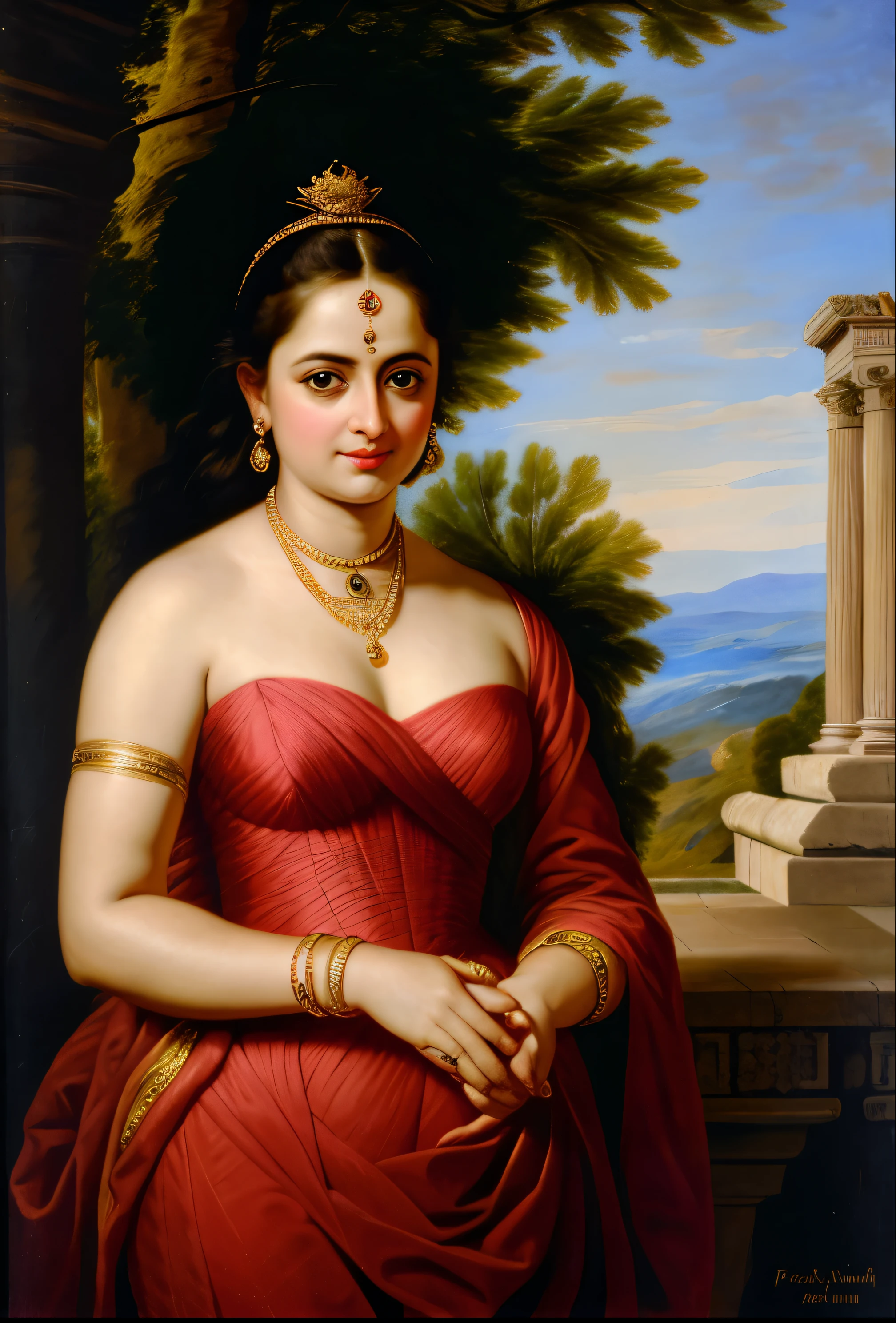 Looks like Anushka Shetty, Masterpiece, Best quality, high clarity eyes, beautifully styled hair, critically flawless,sharp picture, Full portrait, High pixels, perfect face, perfect eyes, beautiful face, perfect hands,perfect fingers, in Peter Paul Rubens style, by Peter Paul Rubens, baroque style, acrylic on canvas, highly detailed, description: "Create a nymph inspired by the tales of Greek or Roman mythology, embodying the essence of a natural element or location, and possessing a unique ability or trait that sets her apart."