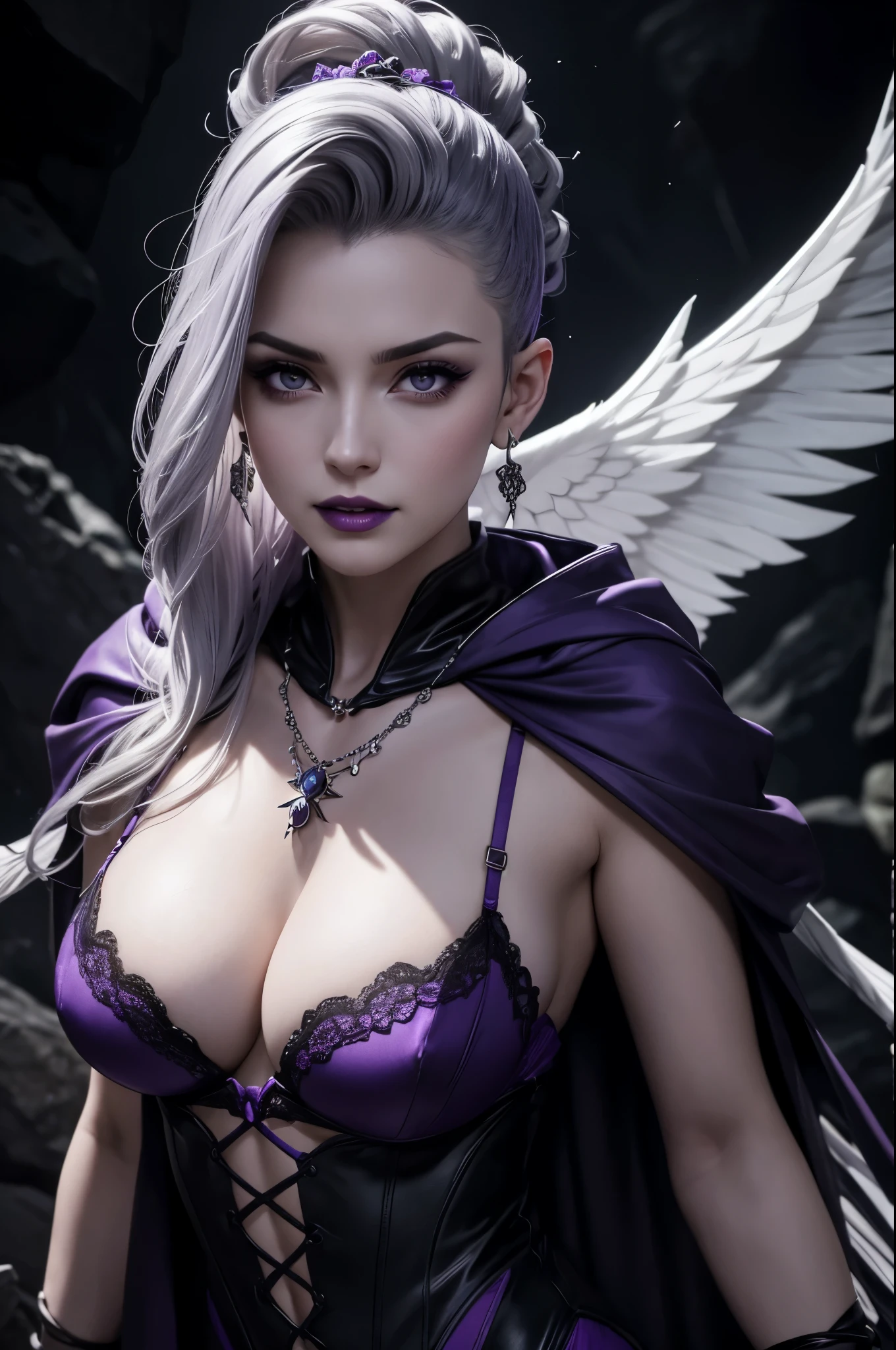 8k,A hyper-realistic,(masutepiece, Best Quality) Daniela Dimitresc, 1womanl, gray hair mohawk hair,Looking at Viewer, irate, cleavage, real looking skin,Jewelry, large full breasts, Underwear, Looking, Upper body, flower, Wings, teeth and fangs, hoods, Necklace, Cape, Bra, makeup, bug, lip stick,Inside the dark cave, Pedras preciosas, pale skin, veils,紫色の hoods up, Realistic, Black lips,超A high resolution,Purple Flame(purple effect),A sexy,combat scene,action scene,actionpose,irateの表情,Purple claws,gorgeous purple pareo,