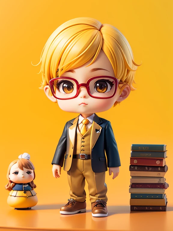 1boy、yellow background color、shoun、Strict look、court、lawyer、shorth hair、short legs、yellow teacher clothes、(brown desk:1.5)、Black glasses、stand on a book、(wearing a men&#39;s suit:1.5)、Yellow Shorthair、Little doll、cute 3d render、かわいい3Dアニメのshounのレンダリング、cute detailed digital art、Stylizing 3D Rendering、3D rendered character art 8k、cute digital painting、anime style 3D、super detailed render、(tchibi:1.5)、tchibiキャラ