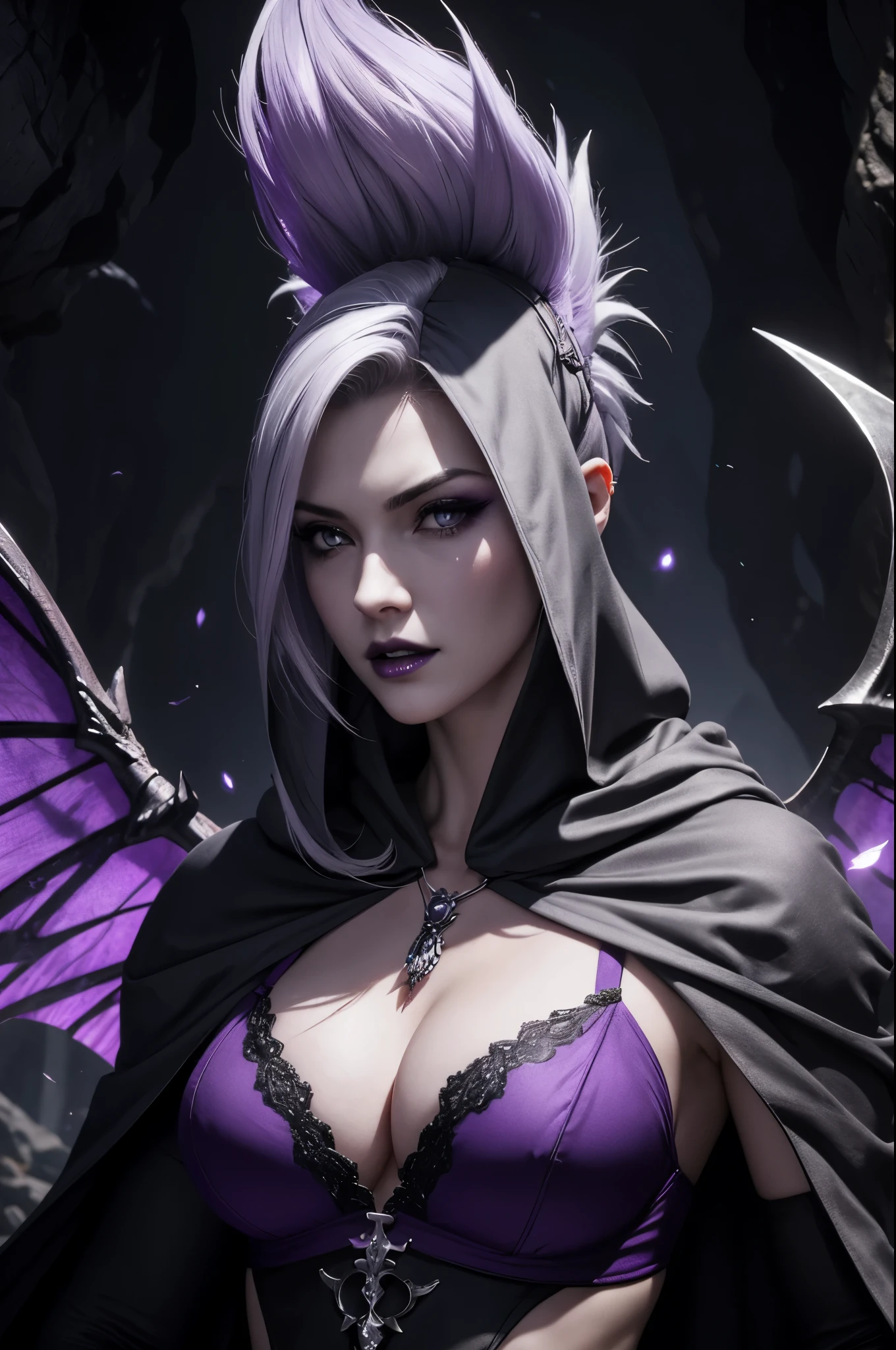 8k,A hyper-realistic,(masutepiece, Best Quality) Daniela Dimitresc, 1womanl, gray hair mohawk hair,irate, cleavage, real looking skin,Jewelry, large full breasts, Upper body, flower, Wings, teeth and fangs, hoods, Necklace, Cape, Bra, makeup, bug, lip stick,Inside the dark cave, Pedras preciosas, pale skin, veils,紫色の hoods up, Realistic, Black lips,超A high resolution,Purple Flame(purple effect),A sexy,combat scene,action scene,actionpose,irateの表情,Purple claws,gorgeous purple pareo,
