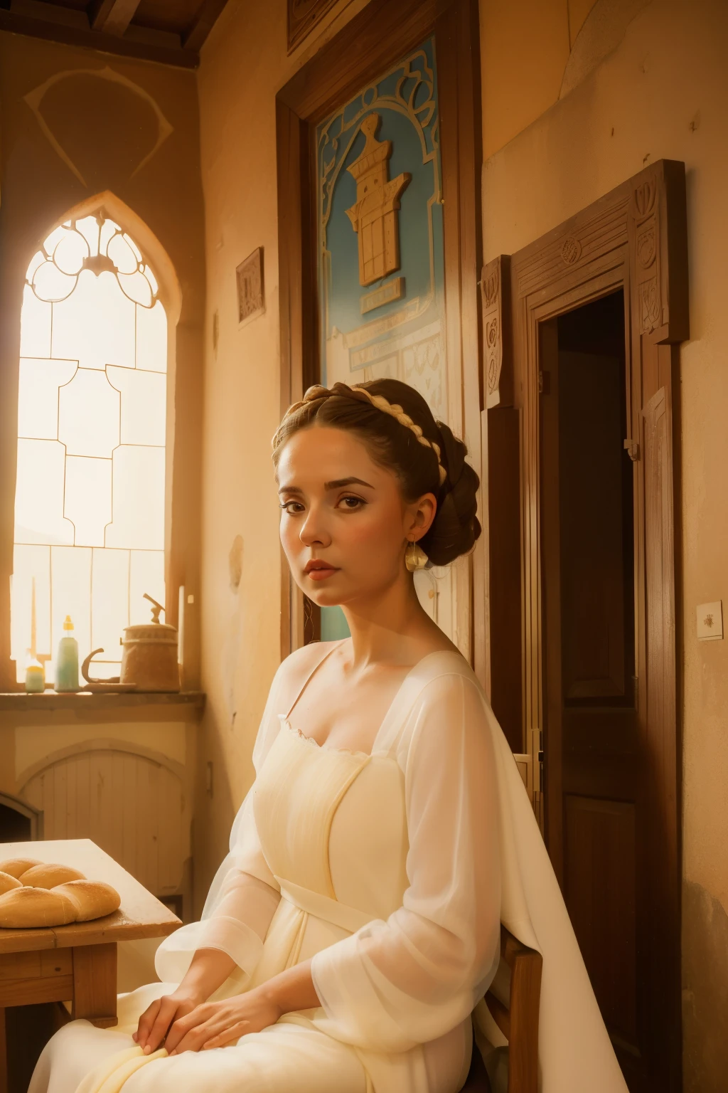 1152, Seville, Spain. Otherworldly scene in a medieval house, ((((32-year-old)) Macarena Vega)), making bread, ((((gown from the 12th century)))), ((Hairstyle of the 12th century)), ((Wes Anderson cinematic style)), colorful