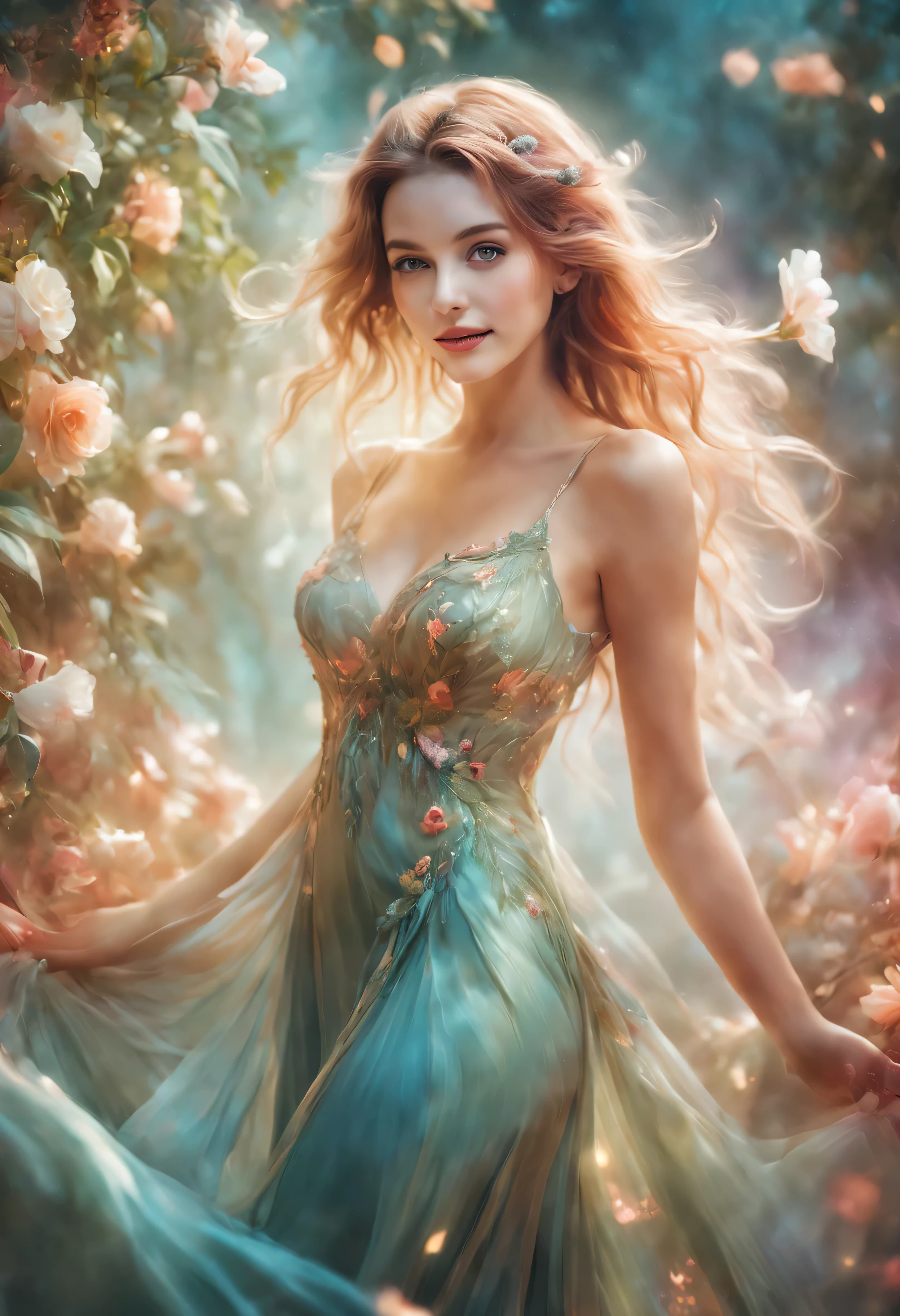 (a beautiful woman in a stunning gown of flowing silk with a radiant smile and captivating eyes),vibrant colors,highres,ultra-detailed,sharp focus,soft lighting,realistic,fantasy-inspired,portraits,subtle color palette,ethereal glow,fairytale,graceful,pastel shades,enchanted garden,lovely flowers,twinkling lights,whimsical ambiance
