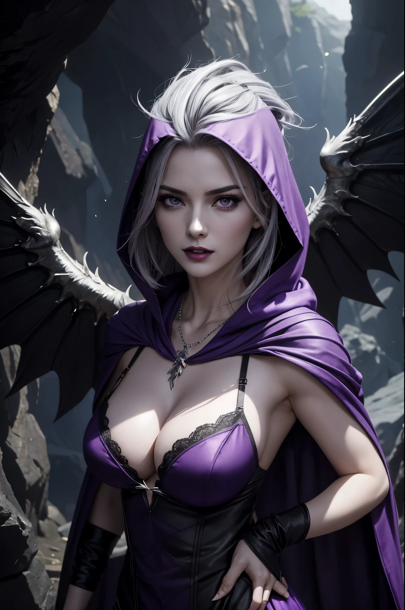8k,A hyper-realistic,(masutepiece, Best Quality) Daniela Dimitresc, 1womanl, gray hair mohawk hair,irate, cleavage, real looking skin,Jewelry, large full breasts, Upper body, flower, Wings, teeth and fangs, hoods, Necklace, Cape, Bra, makeup, bug, lip stick,Inside the dark cave, Pedras preciosas, pale skin, veils,紫色の hoods up, Realistic, Black lips,超A high resolution,Purple Flame(purple effect),A sexy,combat scene,action scene,actionpose,irateの表情,Purple claws,gorgeous purple pareo,