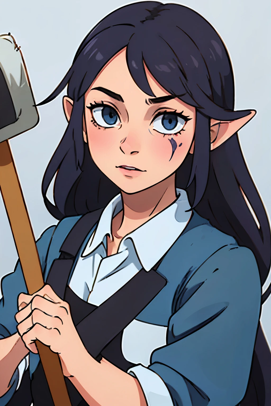one tiefling female, fantasy dnd character, dark blue skin, one broken horns, facial scars, holding a broom, portrait