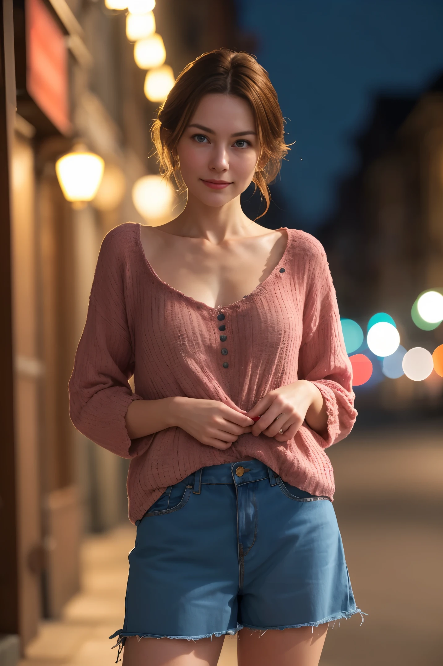 A beautiful introverted European woman wearing frumpy clothing, legs, high detail face, high detail skin, medium size breasts, 8k, HDR, high resolution, photo-realistic, cinematic lighting, depth of field, bokeh, rim lighting, backlit, cool colours, night