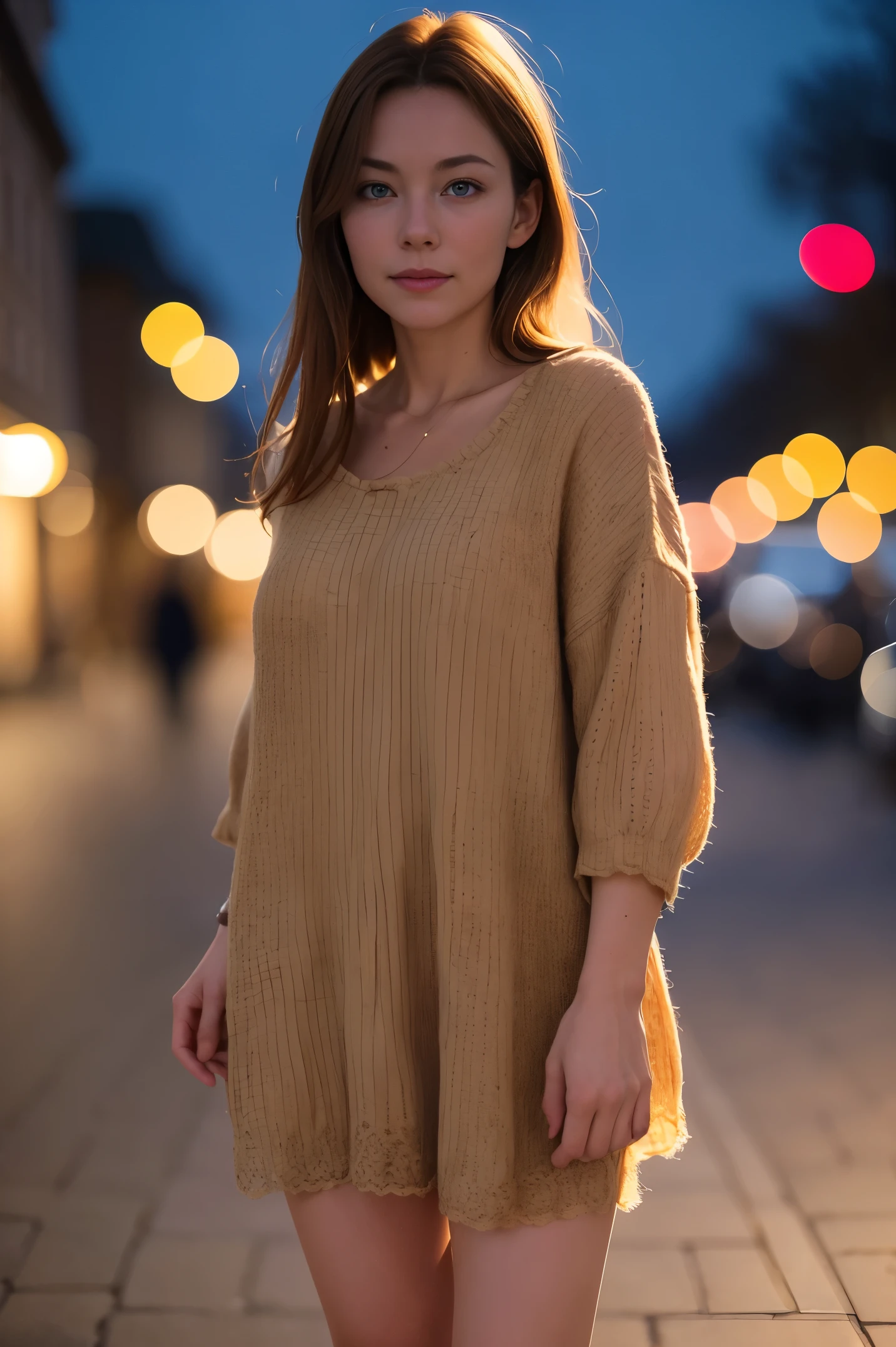 A beautiful introverted European woman wearing frumpy clothing, legs, high detail face, high detail skin, medium size breasts, 8k, HDR, high resolution, photo-realistic, cinematic lighting, depth of field, bokeh, rim lighting, backlit, cool colours, night