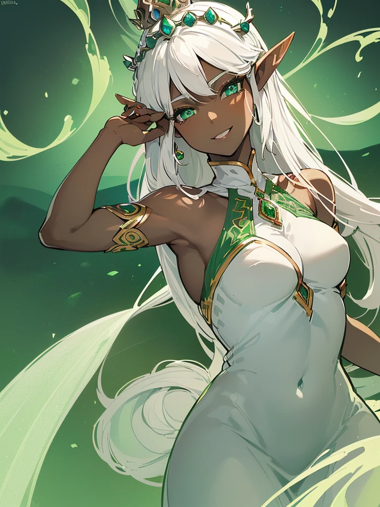 (((I want an elf woman with dark skin, white hair and detailed green eyes, a beautiful body and full breasts, wearing a crown, with a light green dress with white details, and on her face a sweet smile)))