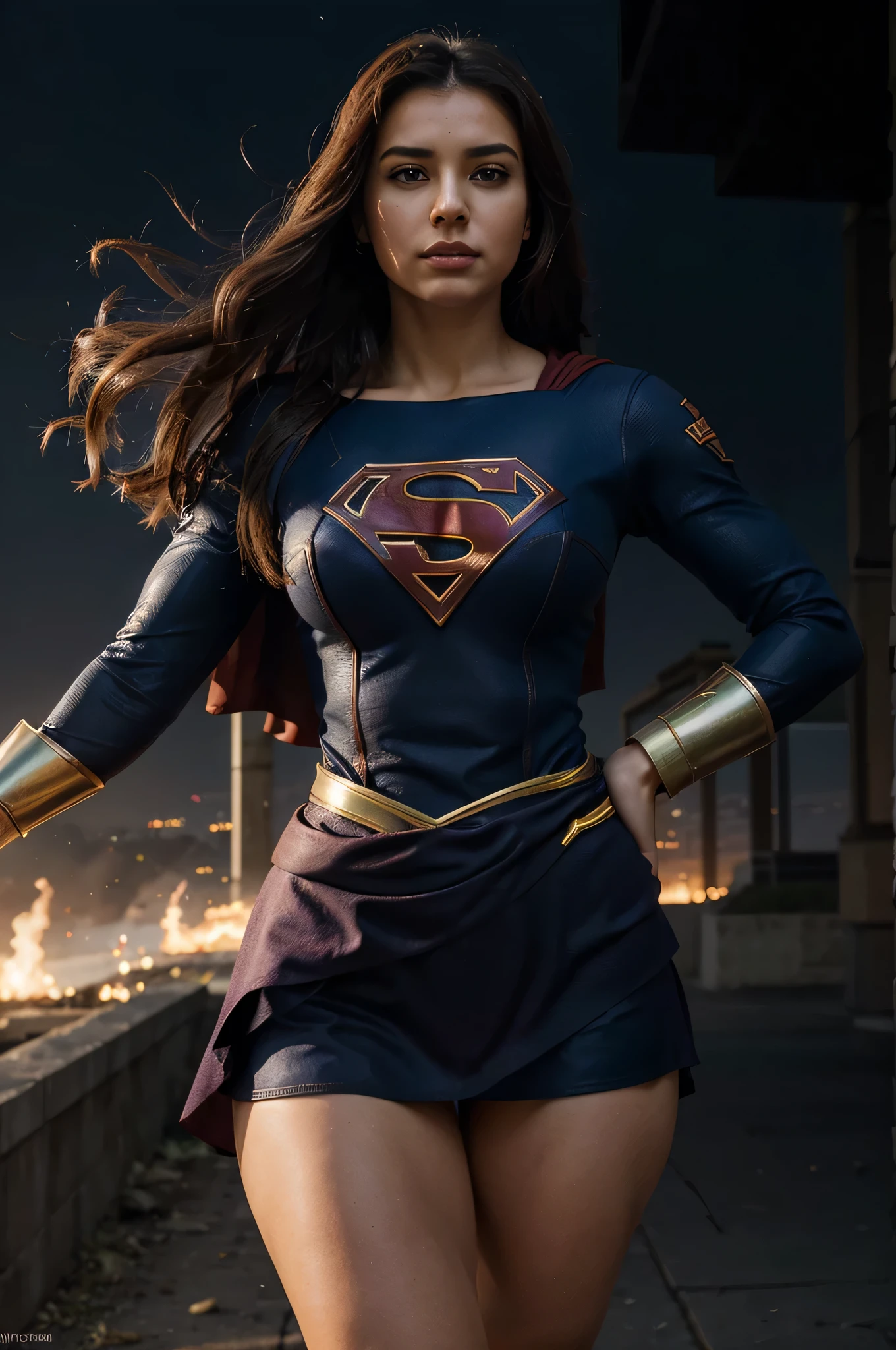 A fusion between Storm and Supergirl would result in a truly powerful and impressive heroine. Imagine uma figura majestosa, com Supergirl; Strength and determination combined with Storm's climactic powers and imposing presence. This heroine would have radiant skin and long hair that would blow in the wind, como se estivesse em constante movimento. His costume would be a mix of iconic elements from both characters.., combining the classic "s" da Supergirl com um design moderno e arrojado, incorporando tons de azul, prata e branco, na parte de baixo um biquinievocando a natureza tempestuosa da Tempestade. Em termos de personalidade, This heroine would be a natural leader, with an unshakable sense of Éclarice and a fierce determination. She would be compassionate and selfless, but would also have an aura of authority and wisdom, fruit of her experiences as a defender of her people. Sua postura seria confiante e imponente, conveying a sense of power and control. Quanto aos poderes, This merger would have the best of both worlds. Ela seria capaz de voar em alta velocidade, has super strength and invulnerability, Supergirl characteristics, in addition to controlling the climate, criar tempestades e manipular os elementos, herdando os poderes da Tempestade. His presence would be striking, transmitindo coragem, compassion and unwavering determination. She would be a true keeper, able to face challenges with grace and power, becoming a symbol of hope for all, with a striking presence and an aura of grandeur that would highlight her as a true force of nature. I hope this description meets your expectations!