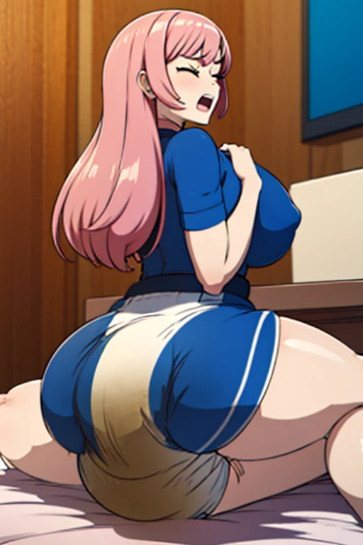 Anime woman enormous bloated expanding diaper, huge breast, gigantic butt, sitting on a woman, in my bed, screaming, head tilted up, eyes closed, long pink hair, groping butt