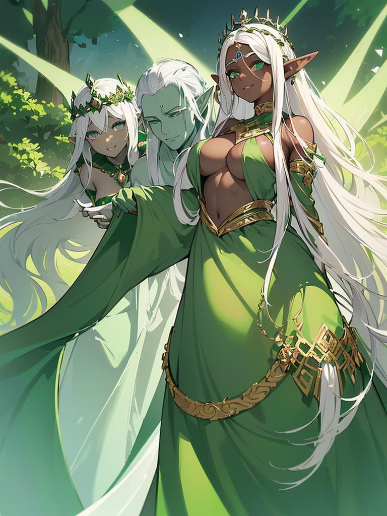 (((I want an one elf woman with dark skin, white hair and detailed green eyes, a beautiful body and full breasts, wearing a crown, with a light green dress with white details, and on her face a sweet smile)))