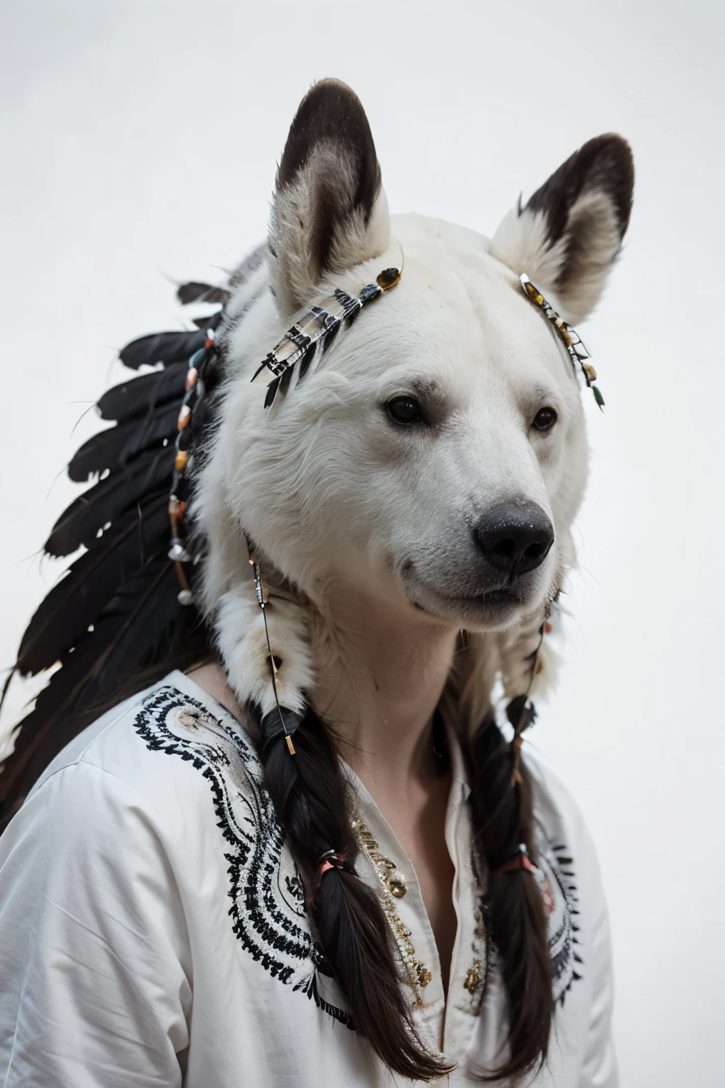 a polar bear in a native indian headdress with feathers on his head, shutterstock, slavic dog head man, indian, american indian headdress, indian warrior, native american, ornate headdress, traditional, headdress, beautiful dog head, highly detailed illustration.”, highly detailed illustration, hd illustration, best on adobe stock, high school mascot, artistic illustration