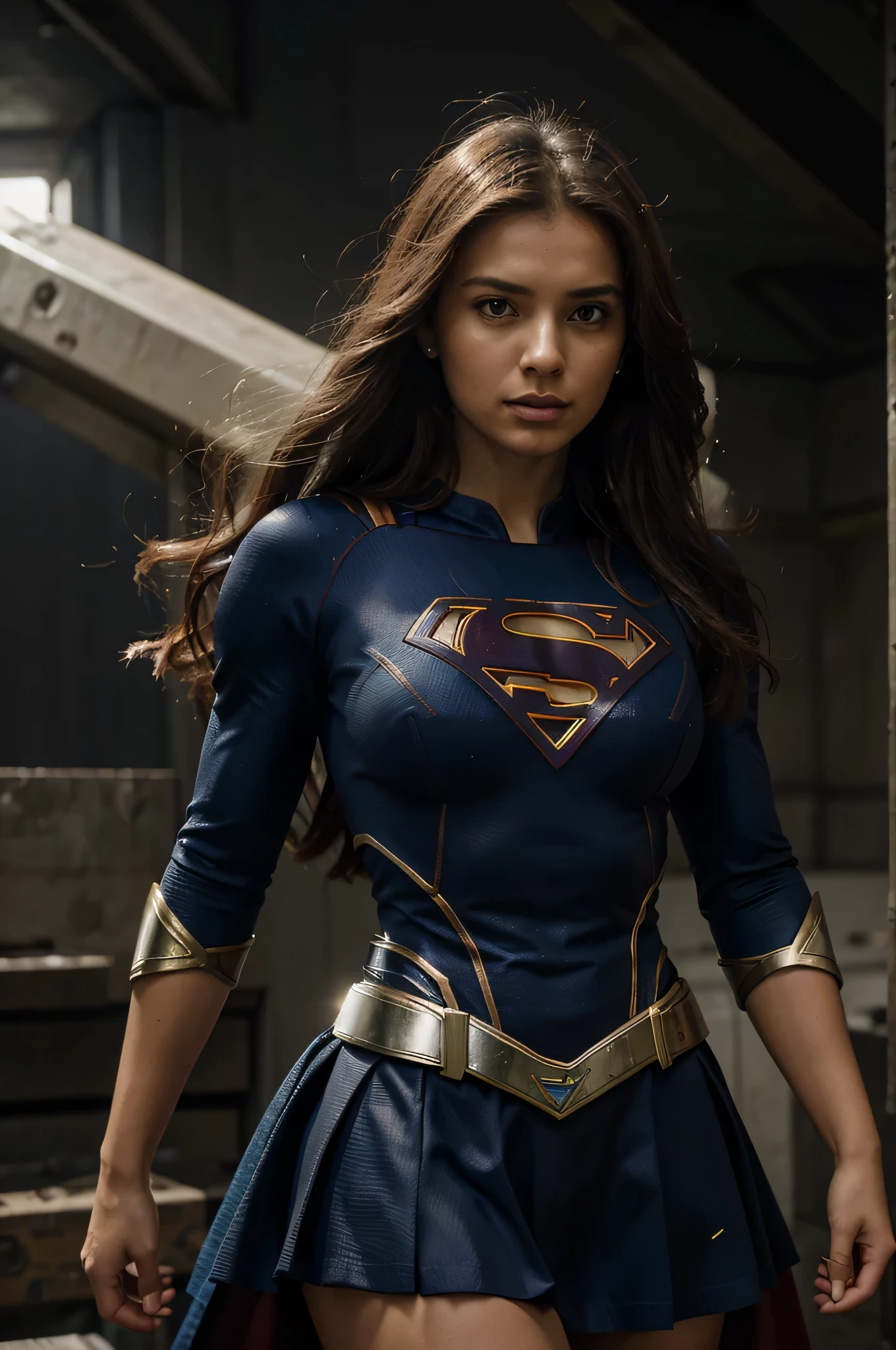 A fusion between Storm and Supergirl would result in a truly powerful and impressive heroine. Imagine uma figura majestosa, com Supergirl; Strength and determination combined with Storm&#39;s climactic powers and imposing presence. This heroine would have radiant skin and long hair that would blow in the wind, como se estivesse em constante movimento. His costume would be a mix of iconic elements from both characters..., combining the classic "s" da Supergirl com um design moderno e arrojado, incorporando tons de azul, prata e branco, na parte de baixo um biquinievocando a natureza tempestuosa da Tempestade. Em termos de personalidade, This heroine would be a natural leader, with an unshakable sense of Éclarice and a fierce determination. She would be compassionate and selfless, but would also have an aura of authority and wisdom, fruit of her experiences as a defender of her people. Sua postura seria confiante e imponente, conveying a sense of power and control. Quanto aos poderes, This merger would have the best of both worlds. Ela seria capaz de voar em alta velocidade, has super strength and invulnerability, Supergirl characteristics, in addition to controlling the climate, criar tempestades e manipular os elementos, herdando os poderes da Tempestade. His presence would be striking, transmitindo coragem, compassion and unwavering determination. She would be a true keeper, able to face challenges with grace and power, becoming a symbol of hope for all, with a striking presence and an aura of grandeur that would highlight her as a true force of nature. I hope this description meets your expectations!