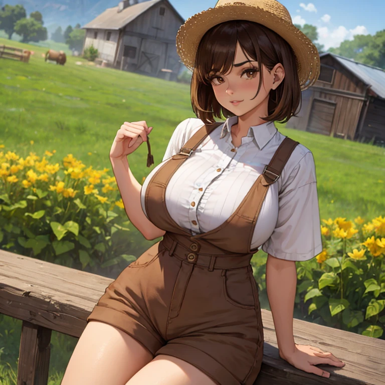 1 girl, huge breasts, (farmer outfit), (short outfit), brown hair, brown eyes