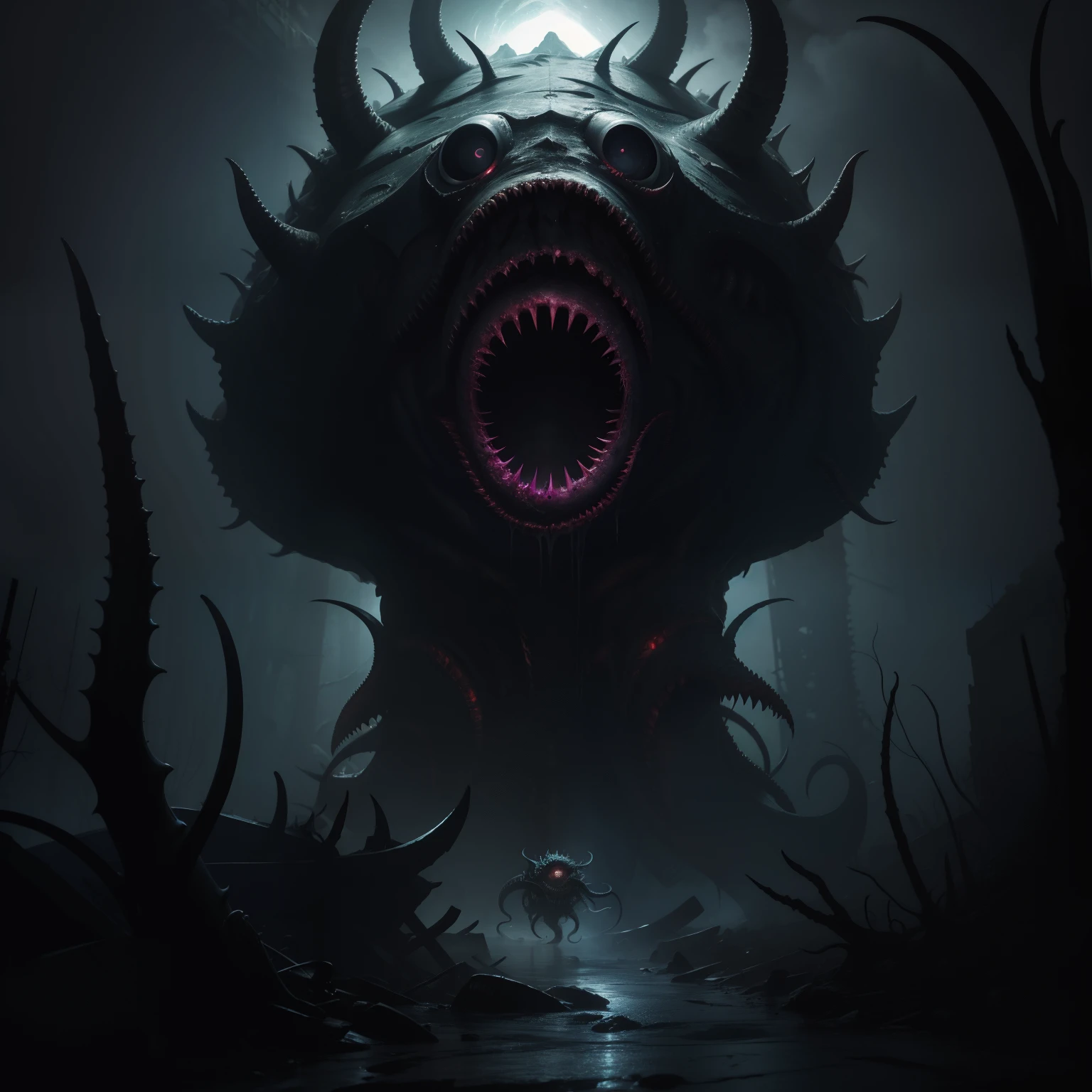 8K, Super detail, ccurate, Best quality, Masterpiece, Super detail, High details, High quality, Best quality, A high resolution,abyssal,terroral,Nuclear contamination,nausea,Cthulhu,,Biochemical fish,Animal figures,Resident Evil,The body is covered with many eyeballs,Scarred,Turbid seawater