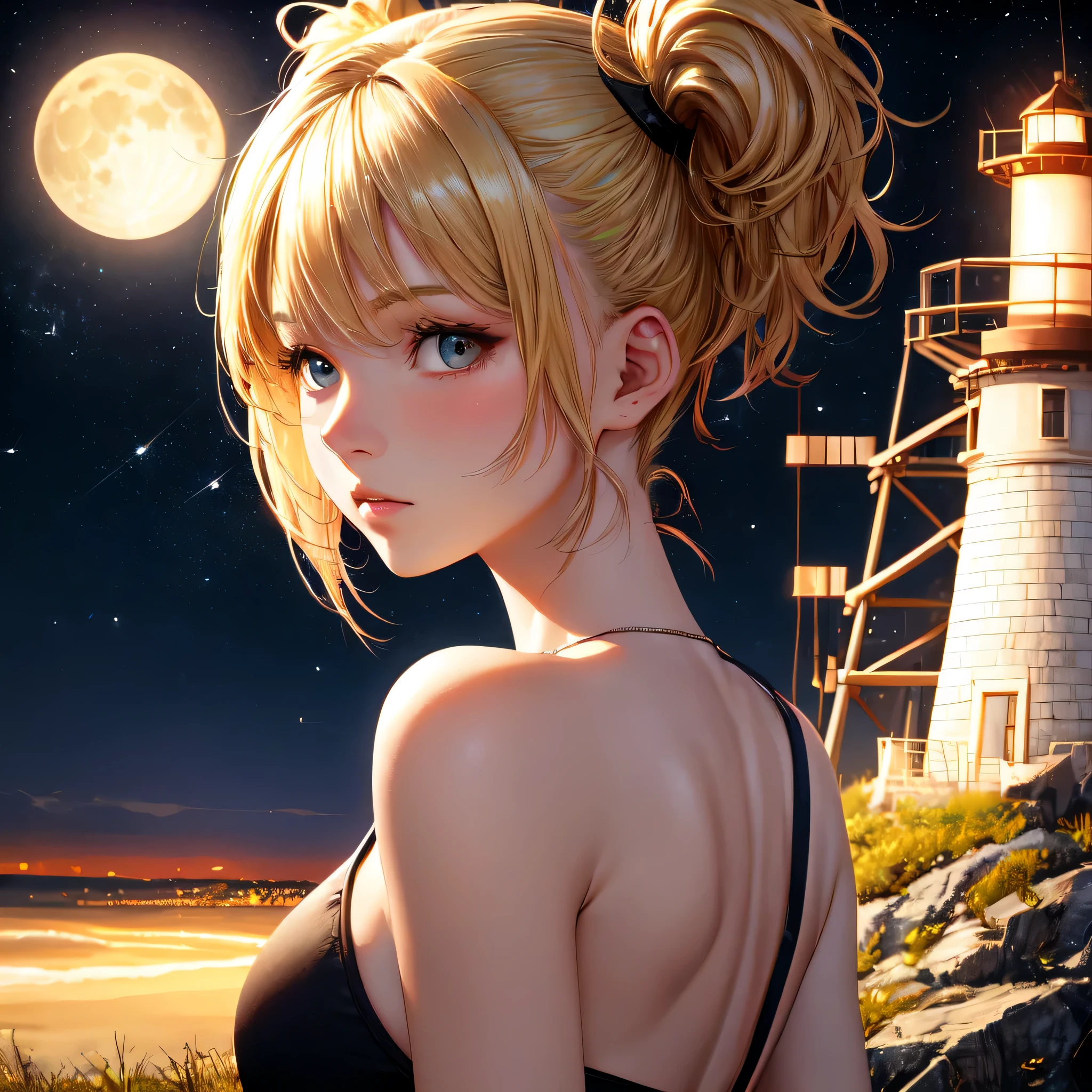 a 20 yo woman, blonde, (hi-top fade:1.3), dark theme, soothing tones, muted colors, high contrast, (natural skin texture, hype realism, soft light, sharp) a pretty blond woman:: with pigtail hairstyle:: watching the stars:: in the edge of a cliff:: in the middle of fireflies:: during the full moon light:: animation:: with a lighthouse behind