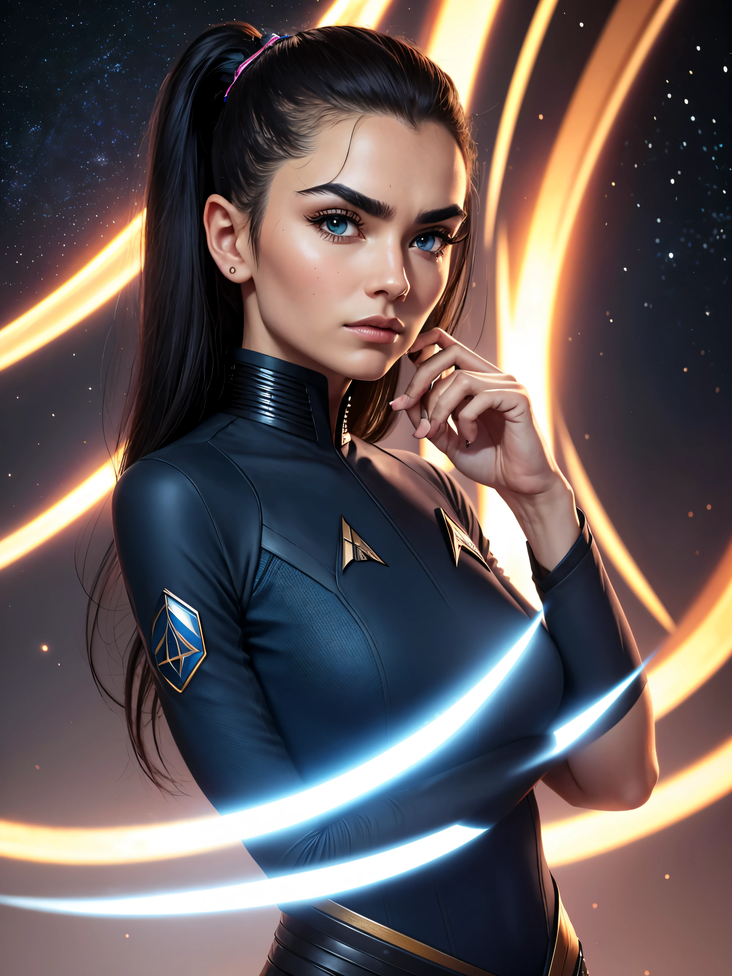 extreme close up portrait, Detailed, High resolution scan, Unreal engine, Professional, 64 thousand., UHD, HDR, (Star-Trek), Vulcan woman, sharp little ears, Vulcan woman,  Vulcan straight eyebrows, dark blue space uniform, Star-Trek логотип на груди слева, A stern look, Vulcan equanimity, long hairstyle without jewelry