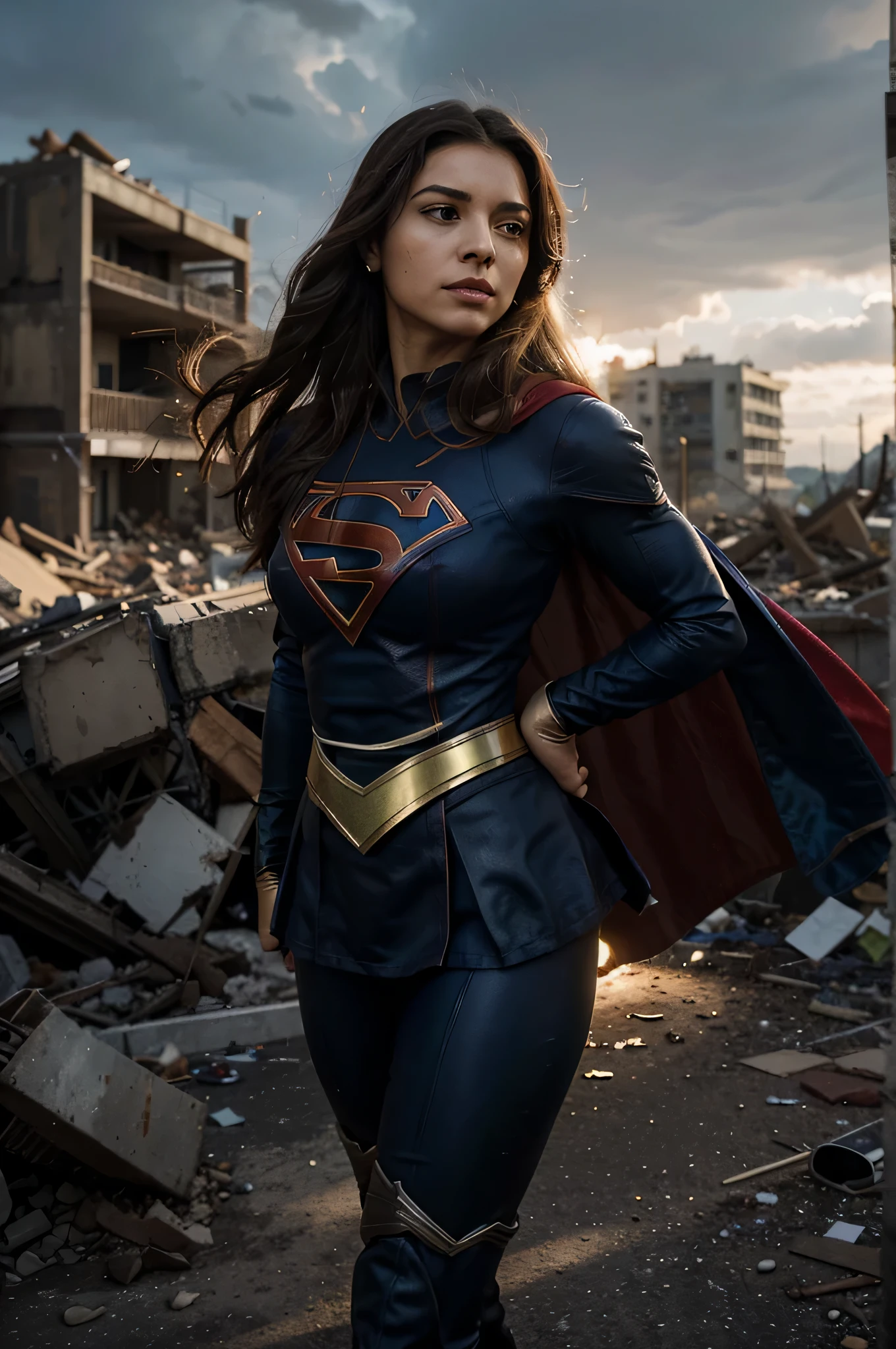 A fusion between Storm and Supergirl would result in a truly powerful and impressive heroine. Imagine uma figura majestosa, com Supergirl; Strength and determination combined with Storm's climactic powers and imposing presence. This heroine would have radiant skin and long hair that would blow in the wind, como se estivesse em constante movimento. His costume would be a mix of iconic elements from both characters...., combining the classic "s" da Supergirl com um design moderno e arrojado, incorporando tons de azul, prata e branco, na parte de baixo um biquinievocando a natureza tempestuosa da Tempestade. Em termos de personalidade, This heroine would be a natural leader, with an unshakable sense of Éclarice and a fierce determination. She would be compassionate and selfless, but would also have an aura of authority and wisdom, fruit of her experiences as a defender of her people. Sua postura seria confiante e imponente, conveying a sense of power and control. Quanto aos poderes, This merger would have the best of both worlds. Ela seria capaz de voar em alta velocidade, has super strength and invulnerability, Supergirl characteristics, in addition to controlling the climate, criar tempestades e manipular os elementos, herdando os poderes da Tempestade. His presence would be striking, transmitindo coragem, compassion and unwavering determination. She would be a true keeper, able to face challenges with grace and power, becoming a symbol of hope for all, with a striking presence and an aura of grandeur that would highlight her as a true force of nature. I hope this description meets your expectations! Destroyed buildings