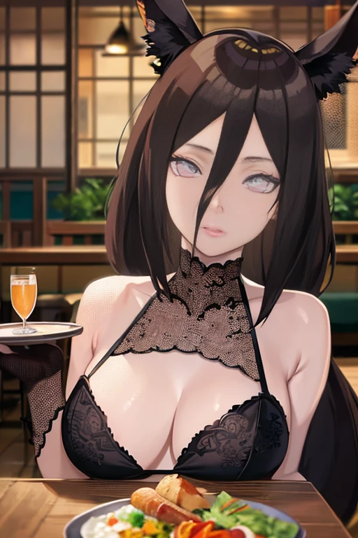 masterpiece, absurdres , (intricate details), (colorful),cinematic lighting,bust shot,extremely detailed CG unity 8k wallpaper , hyuuga hanabi ,restaurant, bunny, black leotard,   looking at viewer, tray,