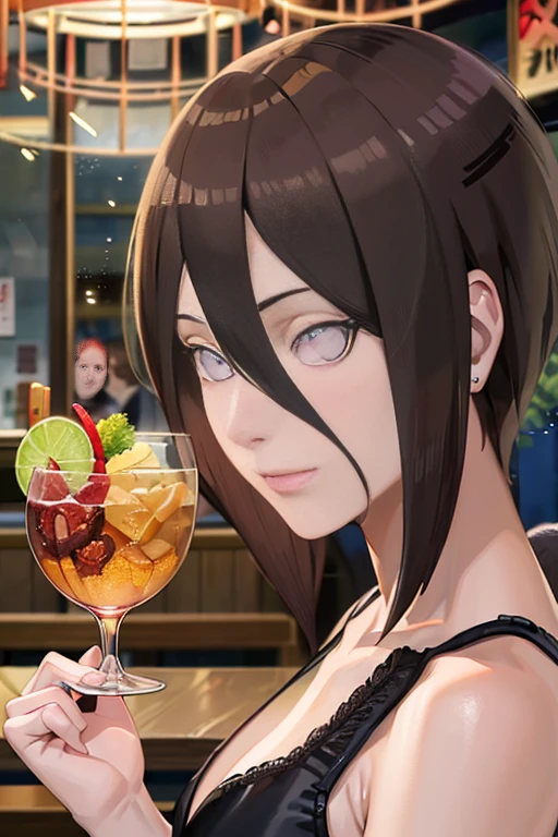 masterpiece, absurdres , (intricate details), (colorful),cinematic lighting,bust shot,extremely detailed CG unity 8k wallpaper , hyuuga hanabi ,restaurant, bunny, black leotard,   looking at viewer, tray,