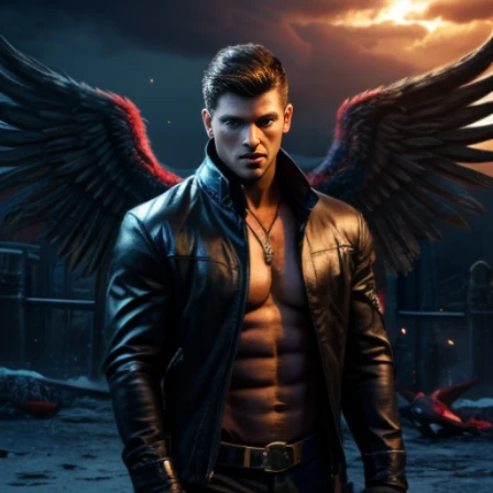 Fallen angel, muscular, in a black jacket and jeans, dark and light, with wings, kblack eyes, Hell Knight, super beautiful image