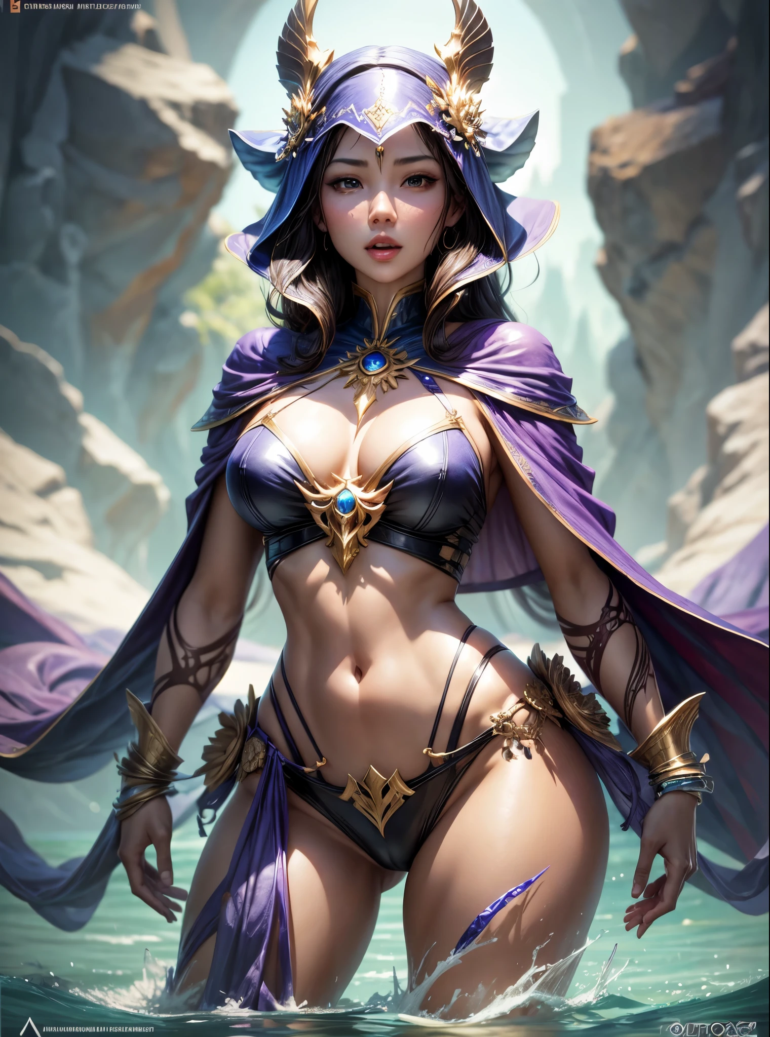 a woman in a bikini and cape is standing in the water, concept art by Yang J, Artstation contest winner, fantasy art, extremely detailed artgerm, ig model | artgerm, as seen on artgerm, fantasy woman, fantasy art style, artgerm. anime illustration, 2. 5 d cgi anime fantasy artwork, anime goddess