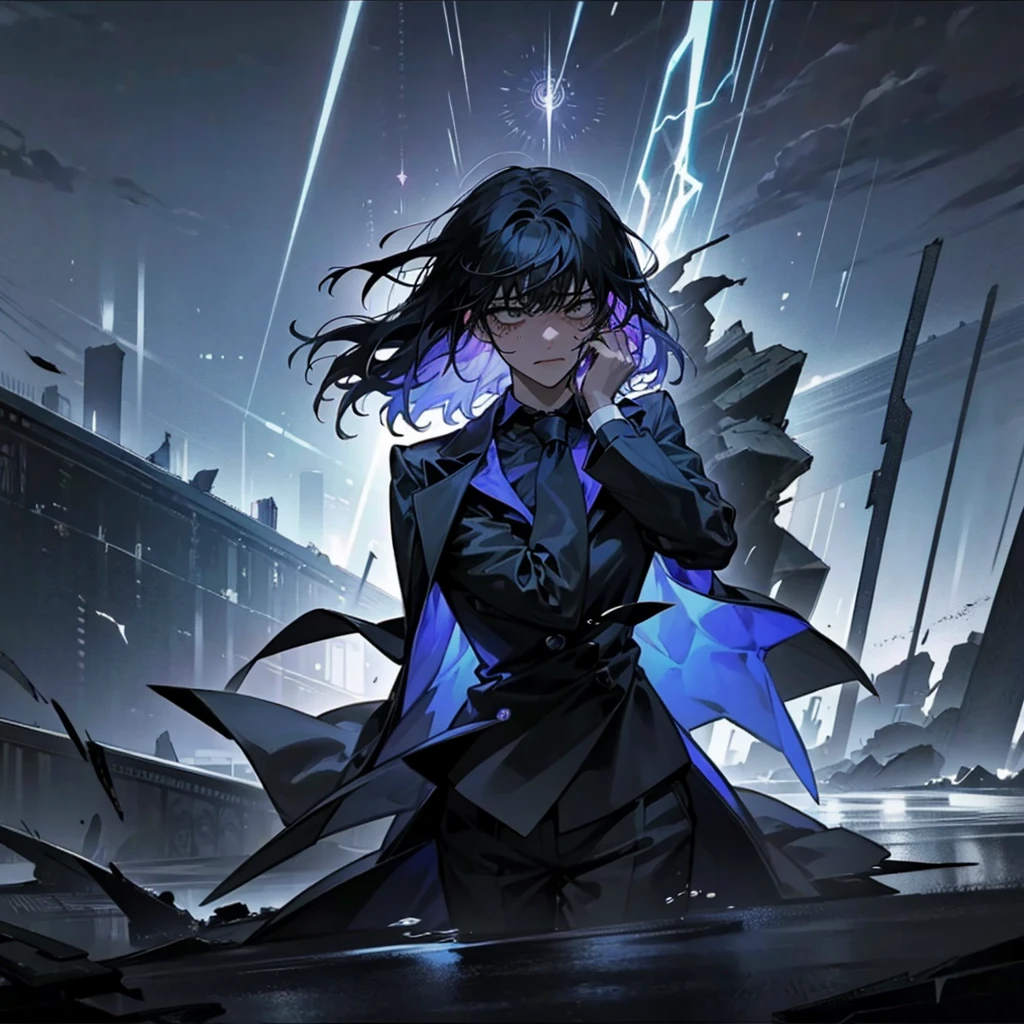 han sooyoung, 1girl, black suit, formal, shirt, pants, bangs, long sleeves, necktie, best quality, masterpiece, ultra-detailed, emotional illustration, 1 girl, solo, crying, intense sorrow, tears streaming down her face, pained expression, dark and stormy atmosphere, thunder and lightning, rain pouring, wet hair clinging to her face, mascara running, trembling lips, hands covering her face, sad and broken, abandoned building in the background, broken windows, crumbling walls, shattered dreams, desolate landscape, a single rose lying on the ground, symbolic of lost love, heartache, and despair, dramatic lighting, shadows emphasizing her anguish, intense color palette with shades of deep blues and purples, emotional impact, viewer is drawn into her pain and empathizes with her sorrow