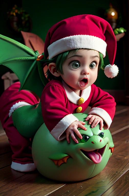 Cute greenish Baby dragon, big eyes, open mouth,little wings. Red Santa Clause hat on.