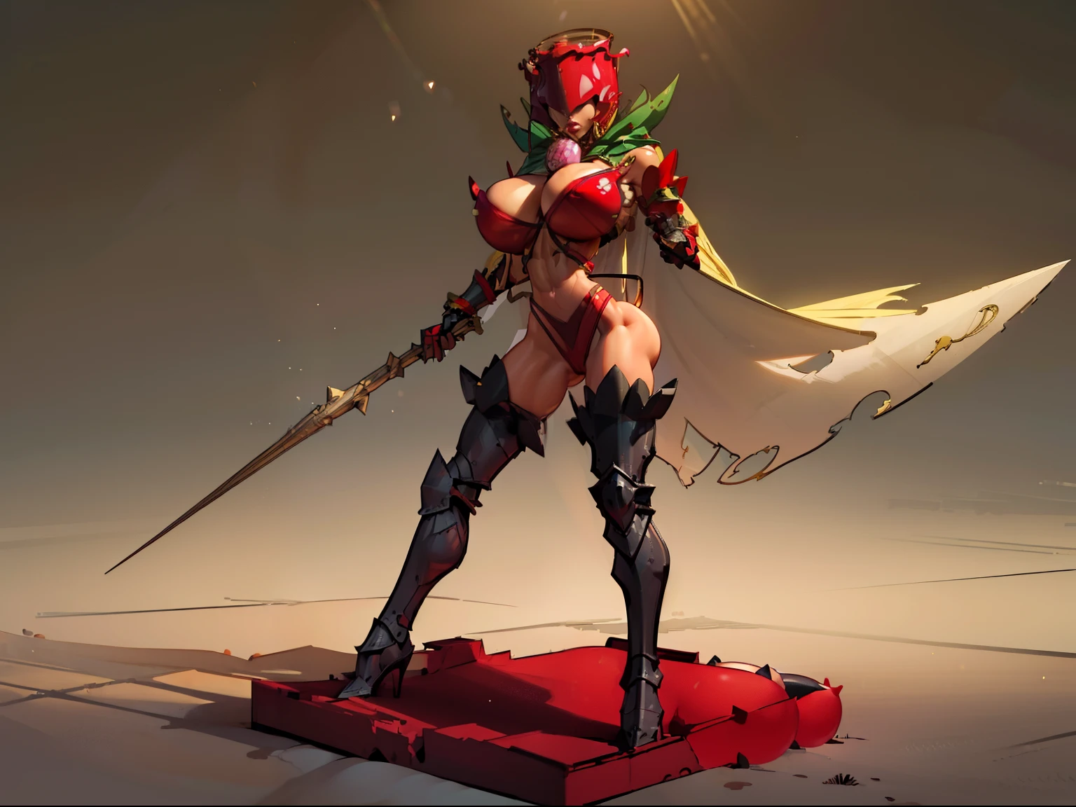 Eyes covered, woman, rosemon , ((dust particles)), adorned in ((red suit)), ((twerking)), metal muscles, emanating a medieval elegance and marvel, green cape, armor pump boots, (black thigh highs), blonde hair, (red bra), small armband), gauntlets, ((armored bikini:1.4)), sword, shield, exposed midriff, (puffy lips:1.3), detailed eyes, ((slendered abs:1.2)),(((gigantic breasts:1.5))), wide hips, (puffy lips:1.5), slender abs,rim lighting, side light, (((cinematic light))), ultra high definition, 8k, film grain,best shadow, light particles, detailed skin texture, detailed gem armor texture, detailed face, intricate details, super detailed, bright, spiked heel boots