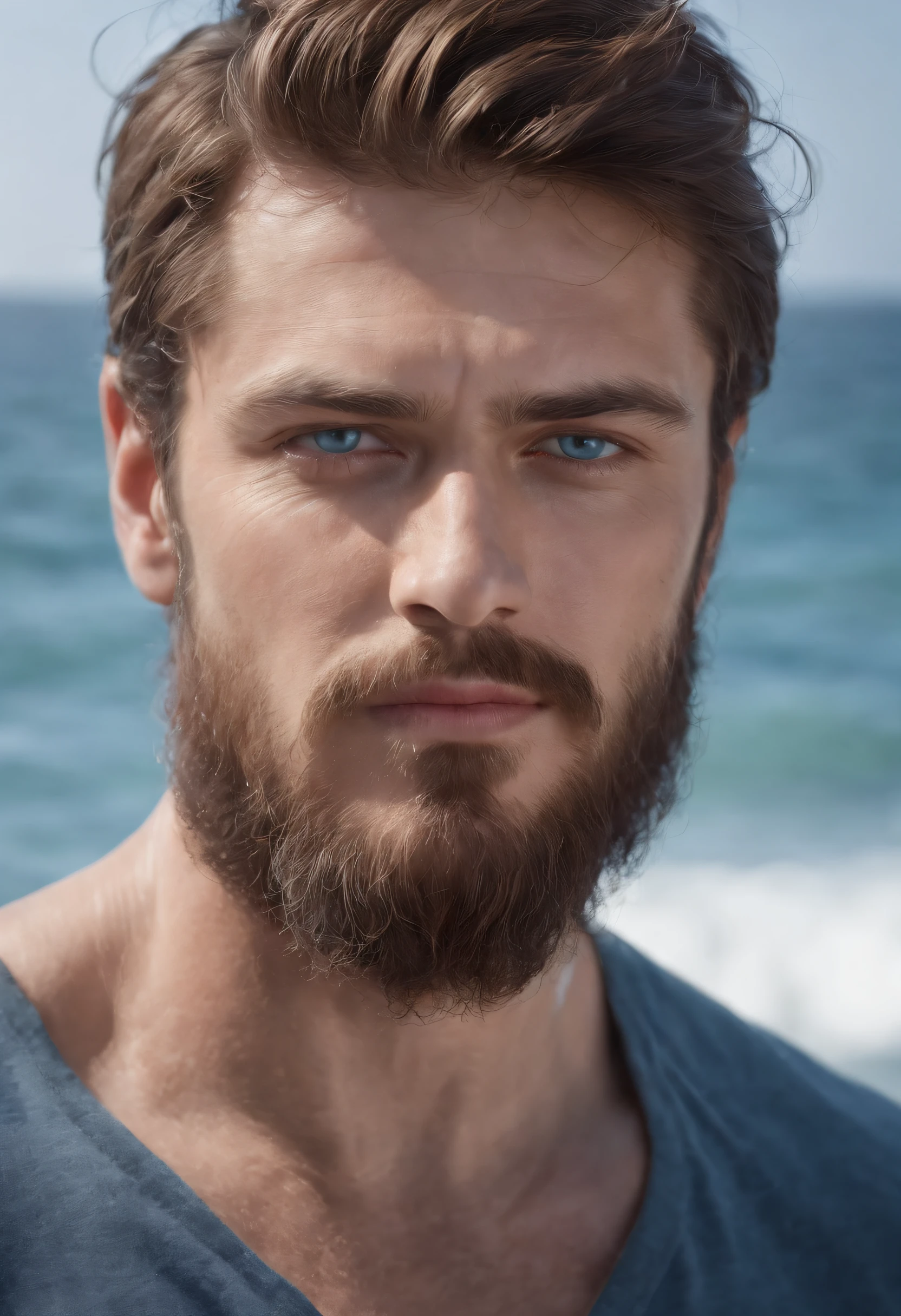 Poseidon, shoulder length brown hair, beard, ocean blue eyes, chiton, t-shirt, muscular. Realistic hyper-detailed portraits, masculine, western style portraits, digital art techniques
