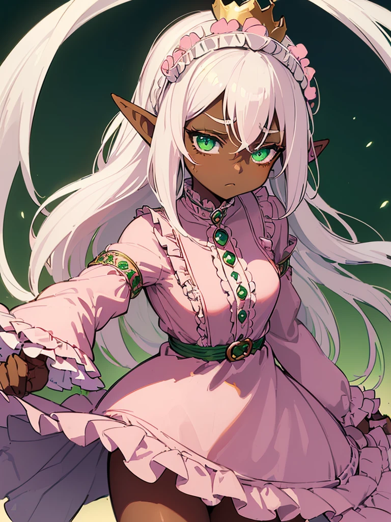 (((I want an elf girl with dark skin, long white hair and detailed green eyes, wearing a light pink dress with ruffles, a hurt expression while holding a crown)))
