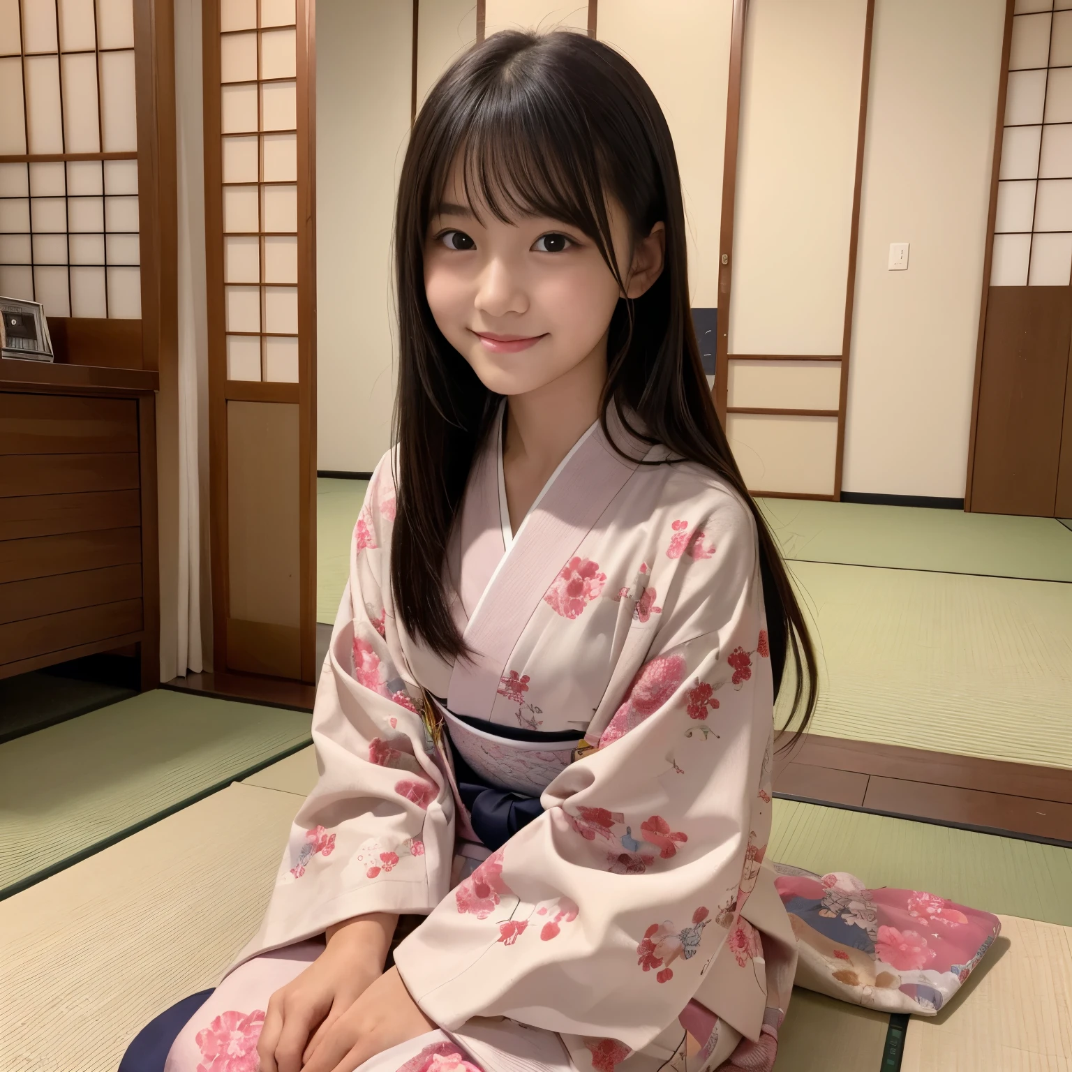 Best-quality, Masterpiece, Ultra-High-Resolution, (Photorealistic:1.4), Raw-Photo, Extremely-Detaied, Perfect-Anatomy, front view, 1girl, -yeld, thost popular Japanese idol, wearing only Japanese KIMONO with cute pattern, sit in SEIZA position, in Japanese-style room, on Japanese TATAMI mat, leaning forward, looking at viewer, innocent smile, extremely cute face like a most famous Japanese idol, extremely beautiful big black solid circle eyes, extremely beautiful hair