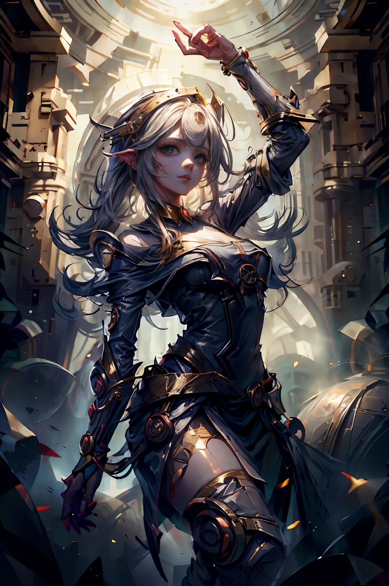 solamente, Super fine photo, Unreal Engine 5 8K UHD digital art portrait of a girl, Arte conceptual, character concept design, wearing a tight, shiny white dress with metallic details, corona de oro, ojos azules, fantasy princess, guante metalico, cabello largo y rubio, La mejor calidad, Obra maestra, Super detailed, foco nítido, pose Sujestiva y sexy y inocente y. Mirada al espectador. Leve sonrisa.