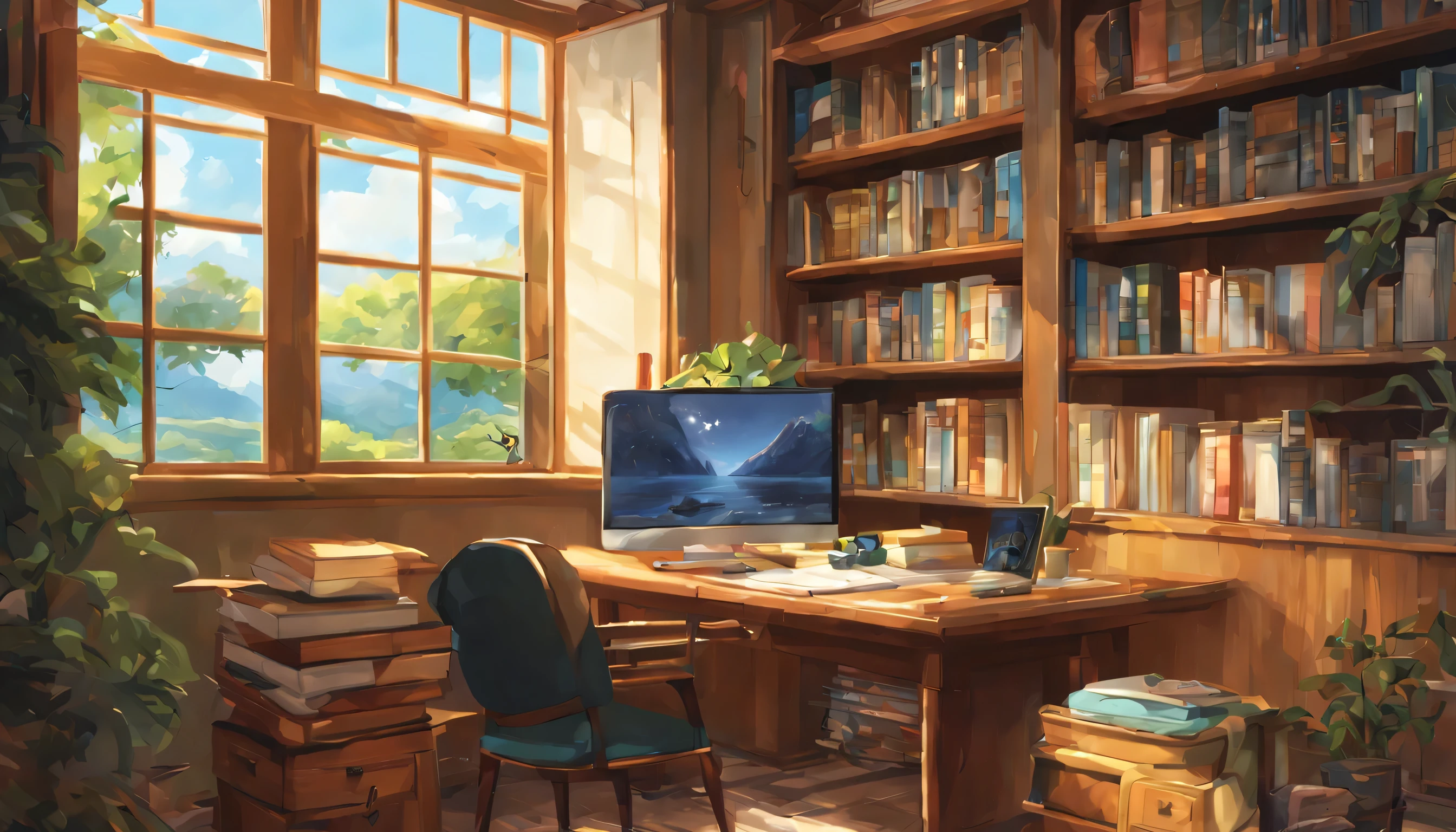 sala de estudos, mesa, Monitor com imagem de bela natureza, estante, disco Rigido, alta qualidade, best quality, Altas, alta qualidade, Detalhes altos, master part, estilo anime, anime