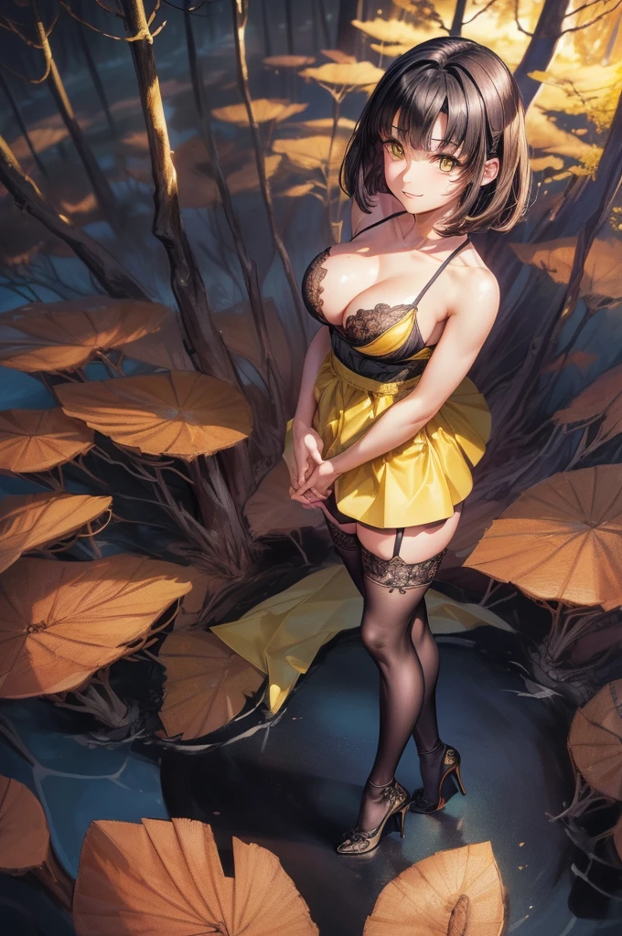 ((full body)), ((full pose)), ((medium breasts:1.4)), ((smug face:1.4)), ((standing:1.4)) ((forest background:1.4)), megumi katou, brown hair, short hair, (yellow eyes:1.5), ((lift dress:1.4)), ((sexy black dress:1.4)), ((spread legs:1.4)), ((black stockings:1.4)), ((show panties:1.4)), ((medium cleavage:1.4)), ((masterpiece:1.2), best quality, high resolution, unity 8k wallpaper, (illustration:0.8), (beautiful detailed eyes:1.6), ((extremely detailed face:1.6)), perfect lighting, extremely detailed CG, (perfect hands, perfect anatomy), ((sky from above:1.4)), ((black heels:1.4)), ((night:1.5))