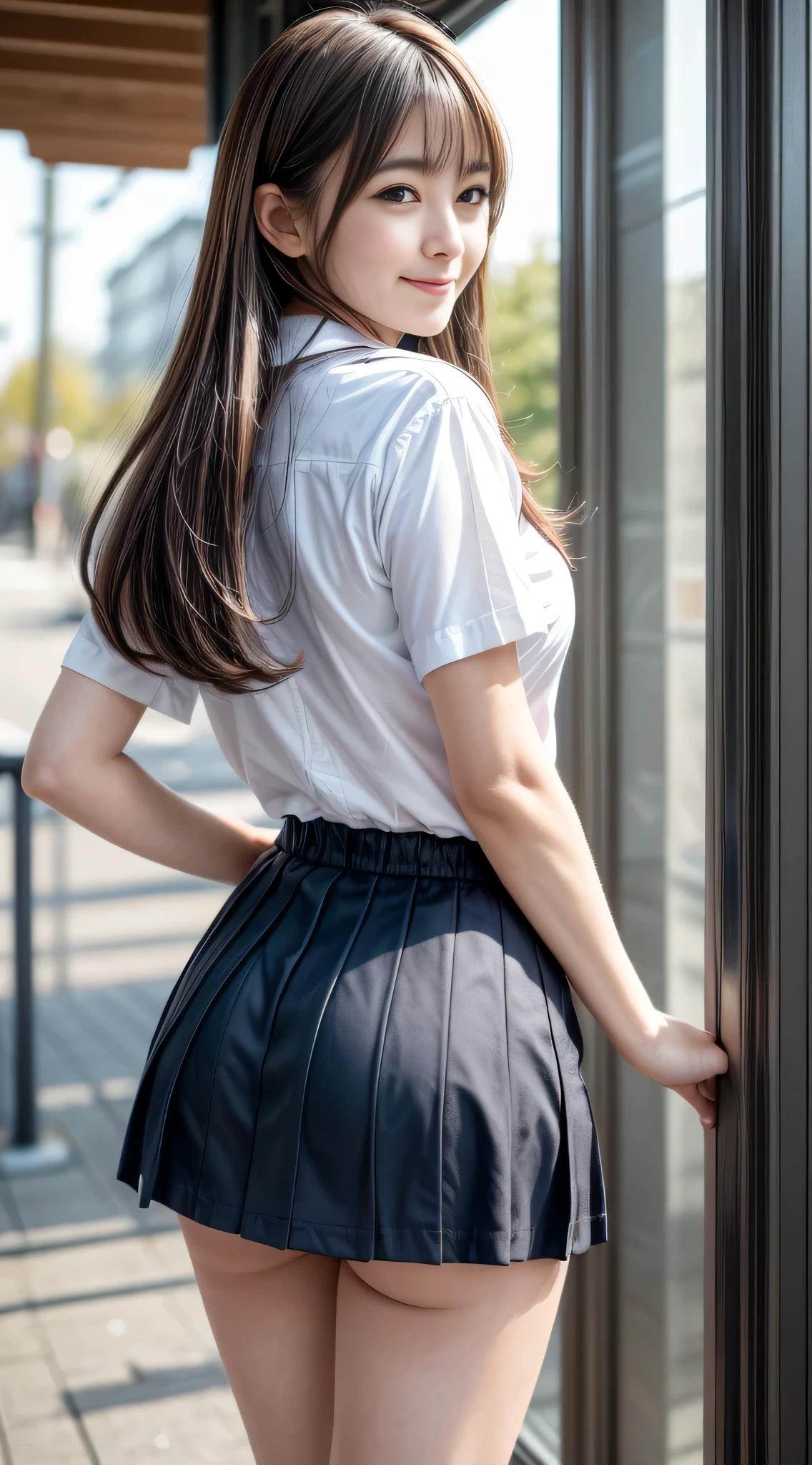NSFW, 8K raw photo, best quality, masterpiece, ultra high definition, film grain, filmg, 1girl, natural skin texture, clean straight hair fluttering, messy hair, beautiful legs, tall woman, skinny, slim_legs, solo, cleavage,pretty buttocks, super short skirt, white shirt,station, escalator with no one, woman standing a little in front, peeling forward, ( back), perfect proportions, pretty buttocks, plaid skirt, white shirt, ((up escalator)),voyeur from below, blurry background, blurry, plaid, short sleeves, jk ribbon around neck, jk ribbon, brown hair, bracelet, uniform, jewelry, figure behind, photo from below, skirt fluttering in the wind, white panties glancing at, pleated skirt, Depth of field, cowboy shot, woman face not visible, back of head visible