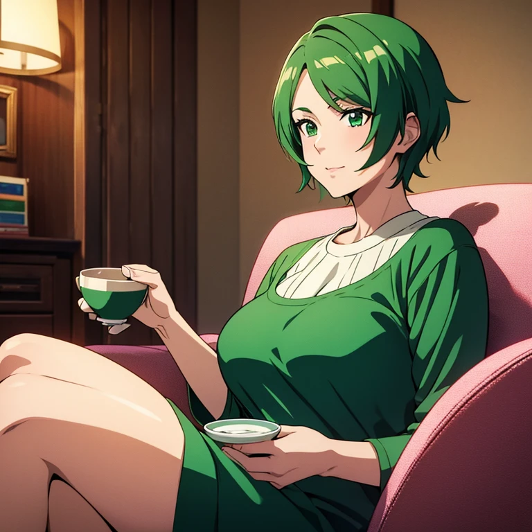 Anime style image of an anime milf with short green hair who is sitting in a room and near her is a cup of tea.