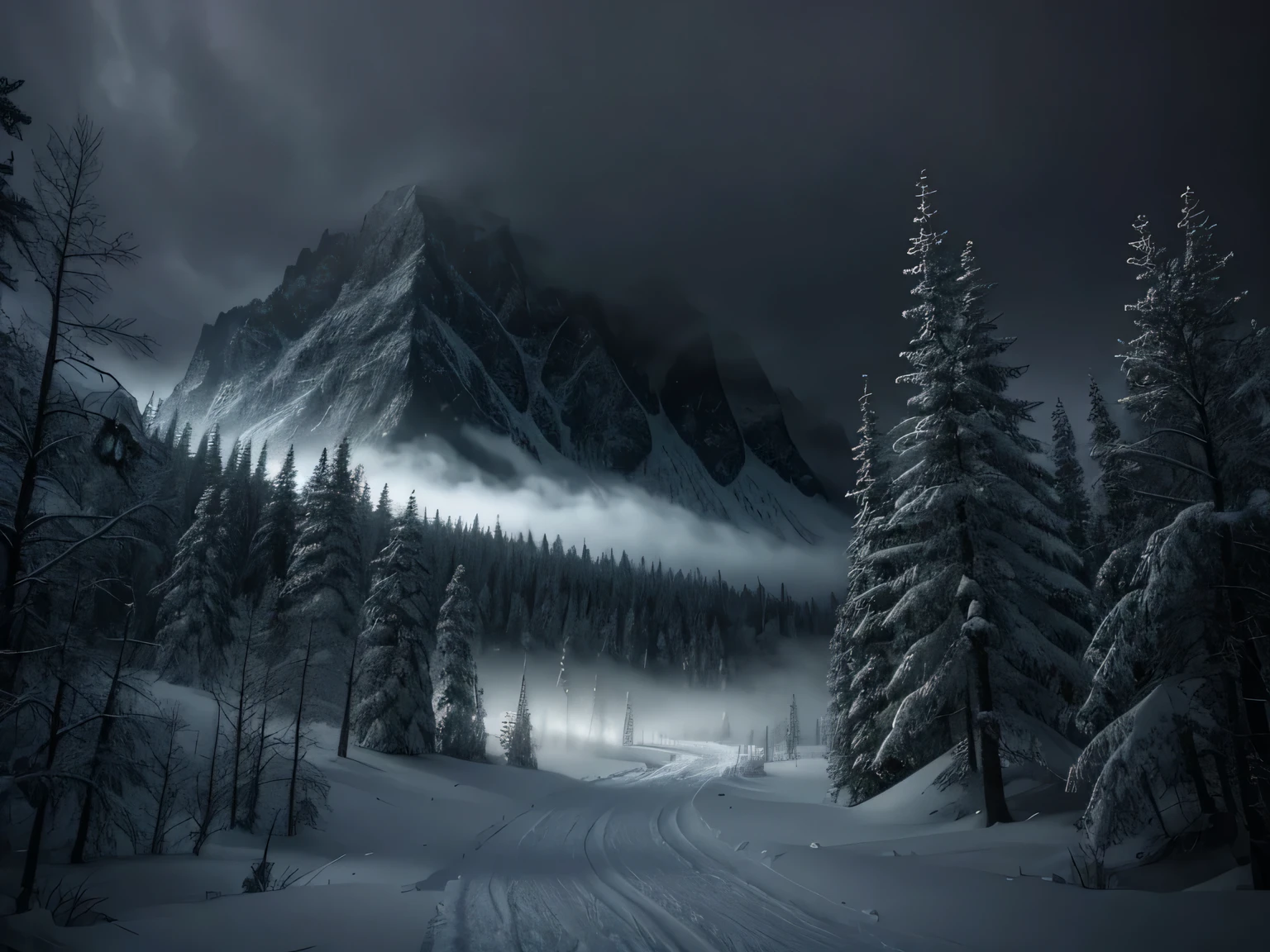 fantasy ominous forest, mist, night time, snowstorm, mountain, first-person view, night time, Dark