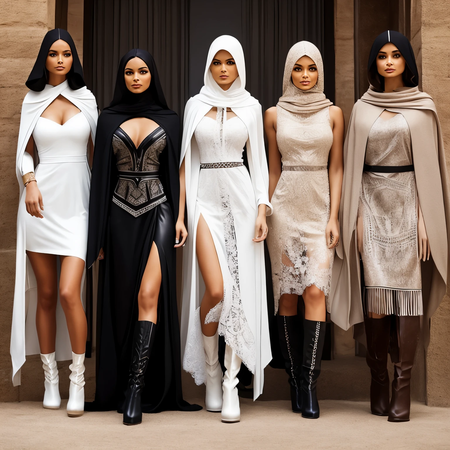 a group of women in pale dresses with hoods and boots. various height women, various ethnicities. asymmetrical cut, leather and lace short dress, high fashion design, inspired by north african clothes design. slim busty mixed-race models aged 27
