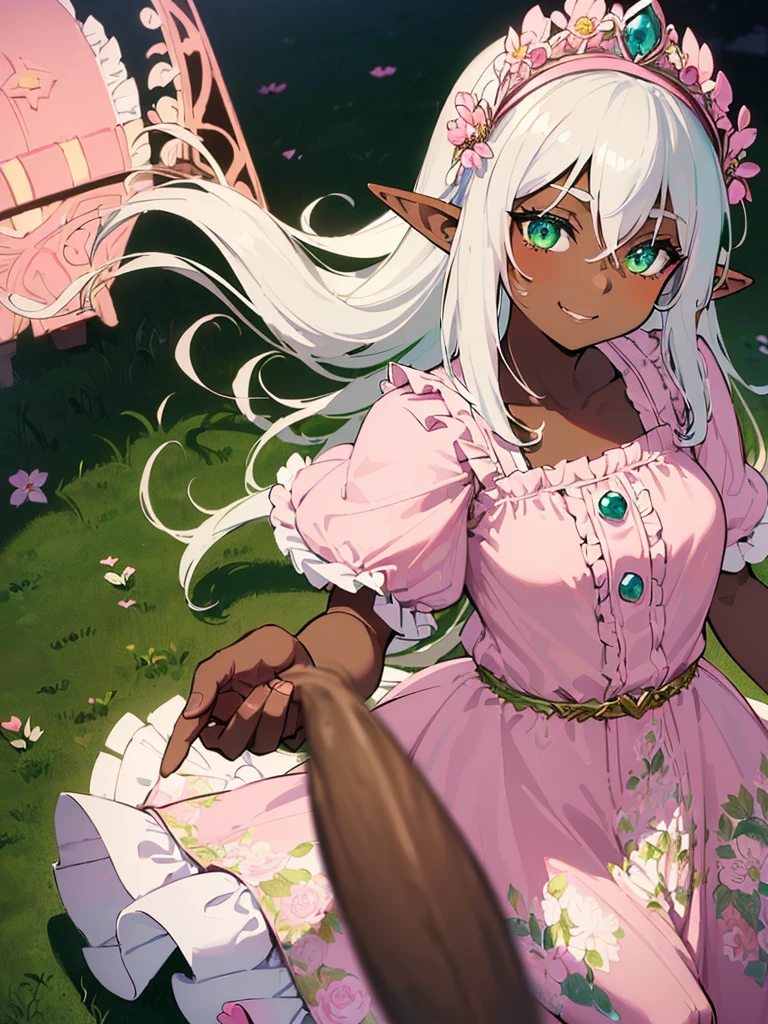 (((I want an elf girl with dark skin, long white hair and detailed green eyes, wearing a light pink dress with ruffles, a happy expression, With a floral tiara)))