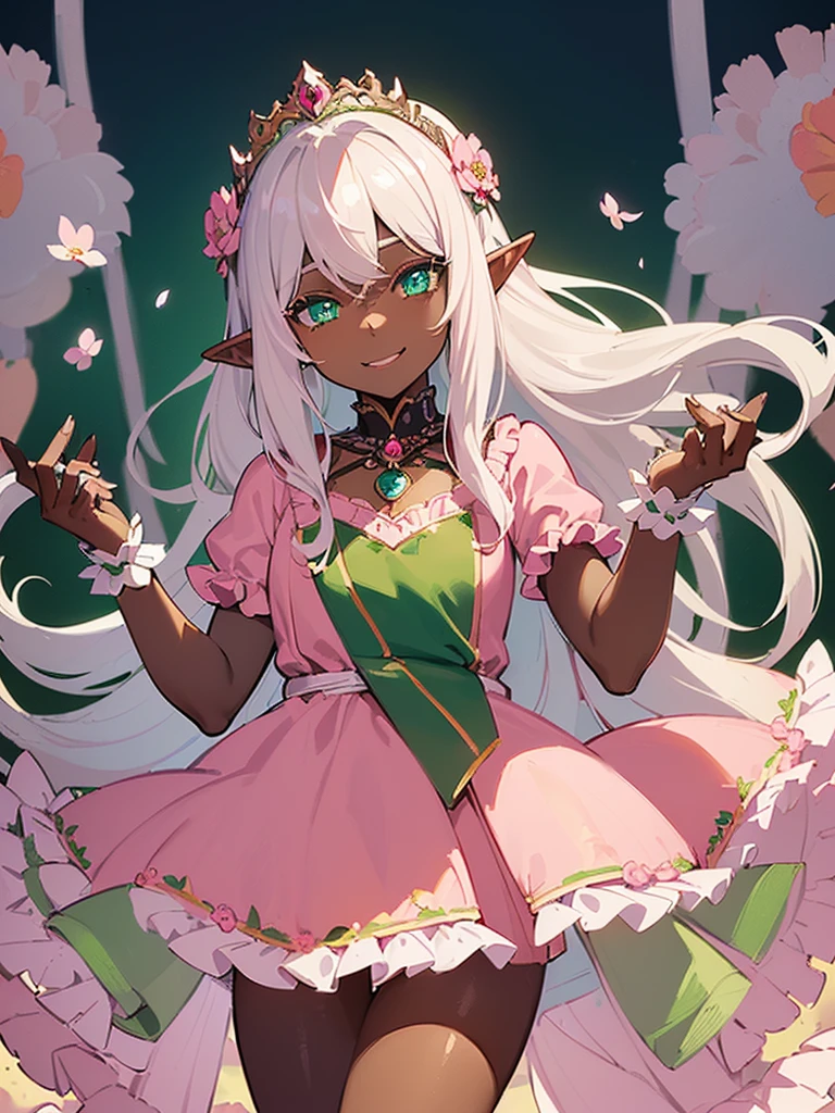(((I want an elf girl with dark skin, long white hair and detailed green eyes, wearing a light pink dress with ruffles, a happy expression, With a floral tiara)))