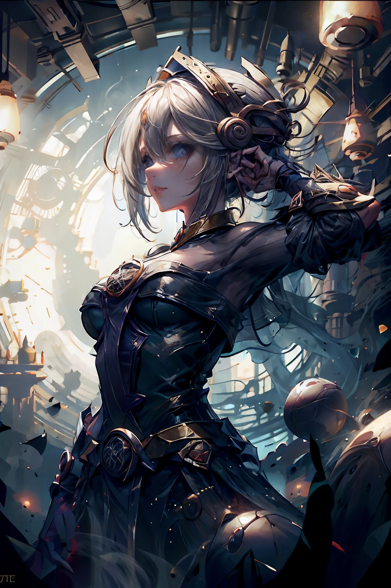 solamente, Super fine photo, Unreal Engine 5 8K UHD digital art portrait of a girl, Arte conceptual, character concept design, wearing a tight, shiny white dress with metallic details, corona de oro, ojos azules, fantasy princess, guante metalico, cabello largo y rubio, La mejor calidad, Obra maestra, Super detailed, foco nítido, pose  Sujestiva y sexy y inocente y. Mirada al espectador. Leve sonrisa.