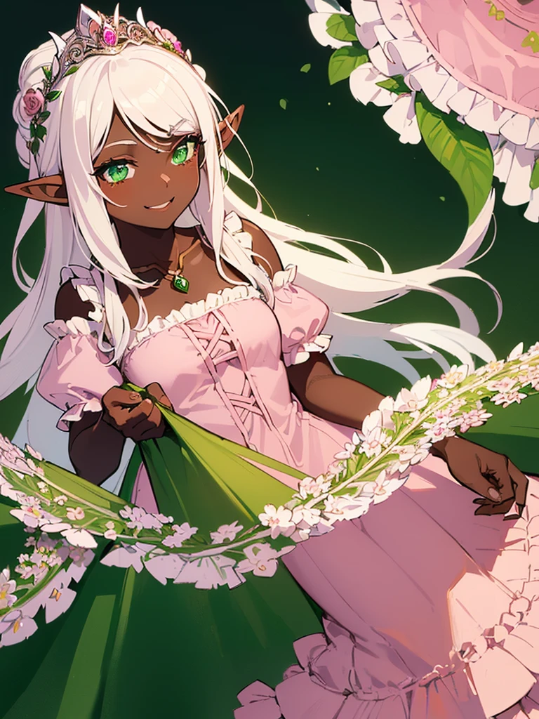 (((I want an elf girl with dark skin, long white hair and detailed green eyes, wearing a light pink dress with ruffles, a happy expression, With a floral tiara)))