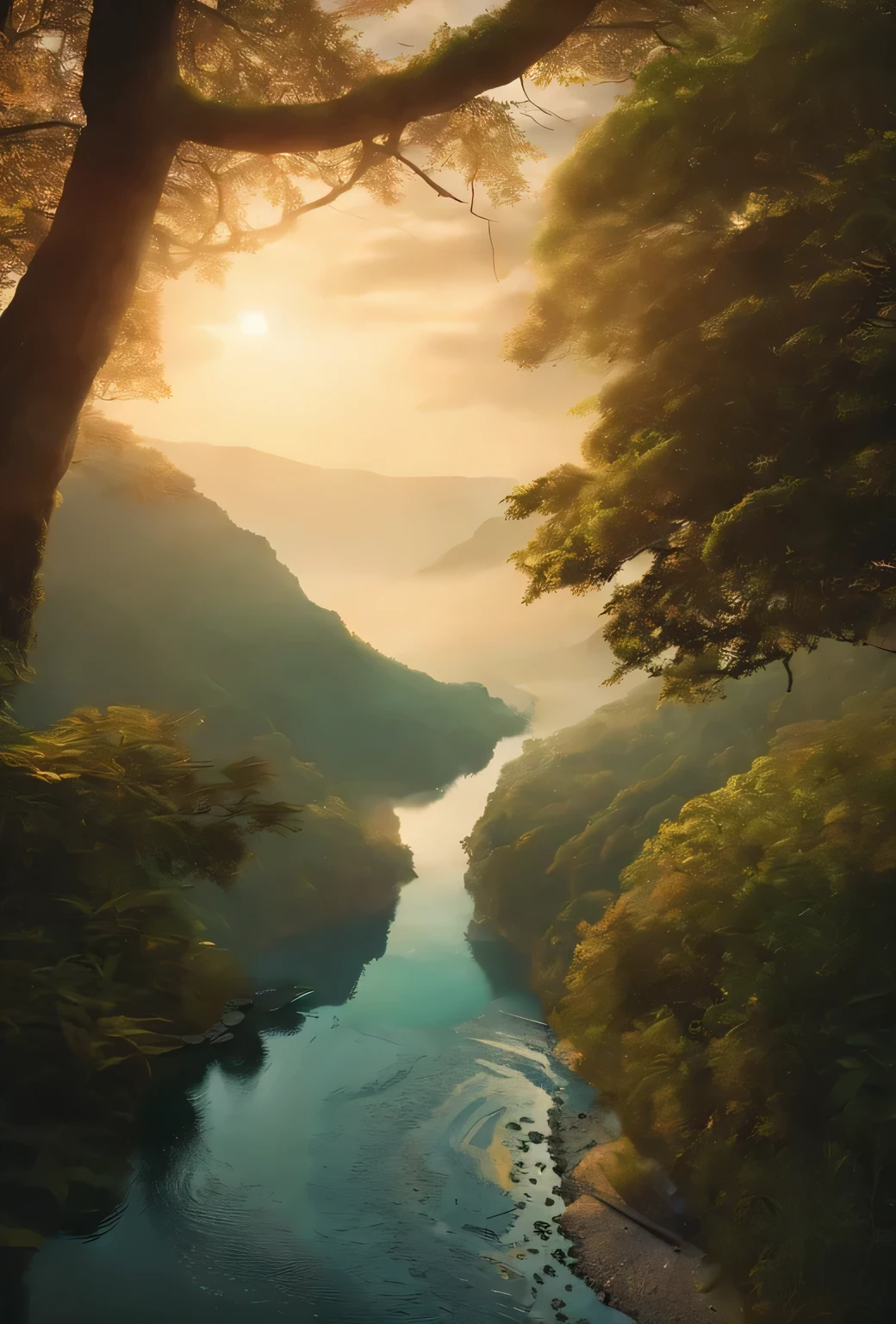Complete o rio na imagem, filling the entire clean area, with the same lighting effects as the image.