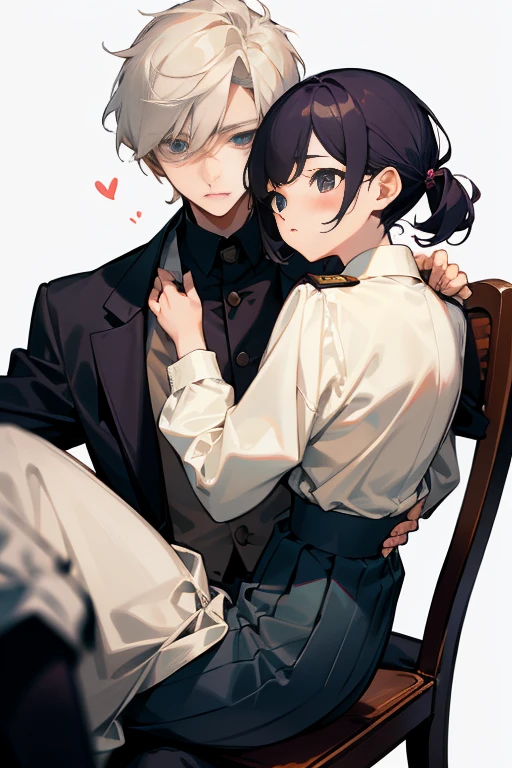 top-quality tmasterpiece Male and female couples The girl sits in a chair,Wear tight skirts and shirts。The boys hugged each other from behind。Boy in high school trouser uniform,The hairstyle is cut for mashed potatoes。Without glasses、Revenge relationship